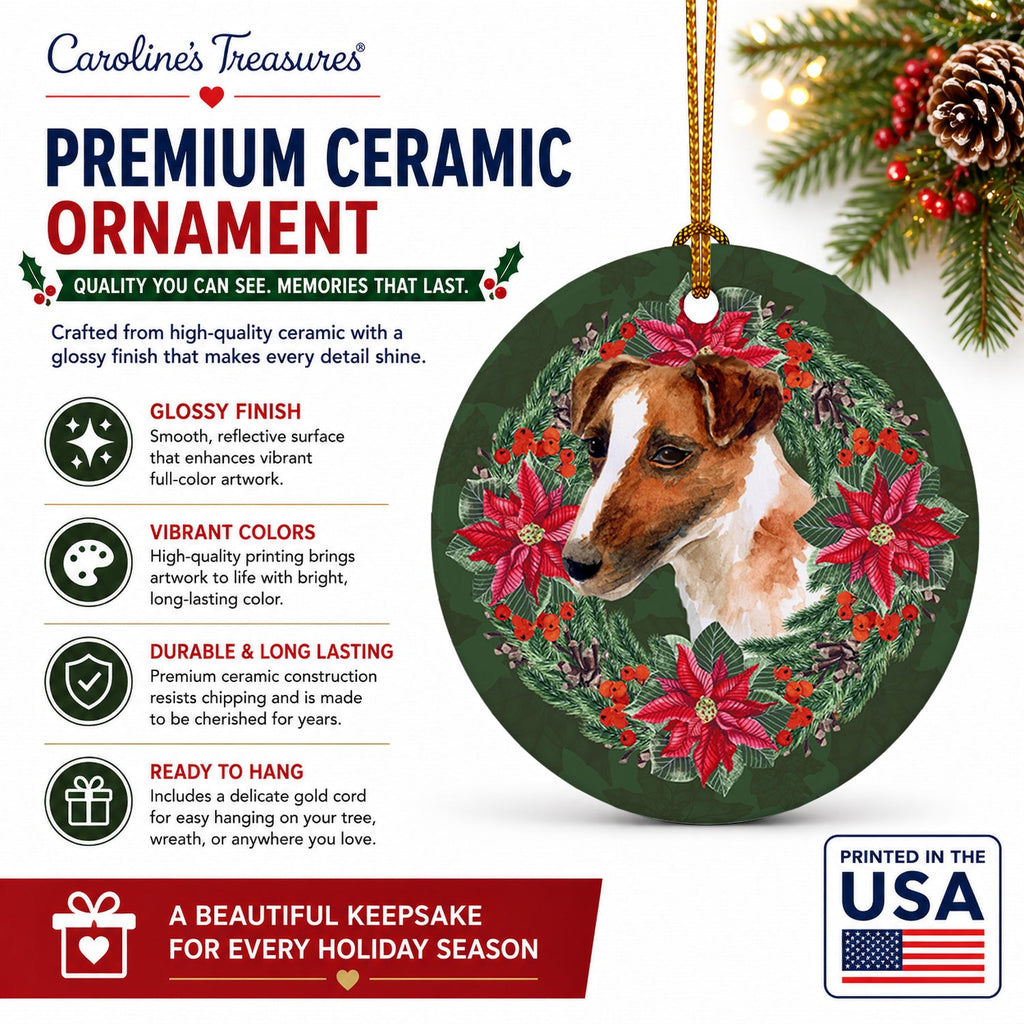 Smooth Fox Terrier Poinsetta Wreath Ceramic Ornament Christmas Tree Hanging Decorations for Home Christmas Holiday, Party, Gift, 3 in, Multicolor