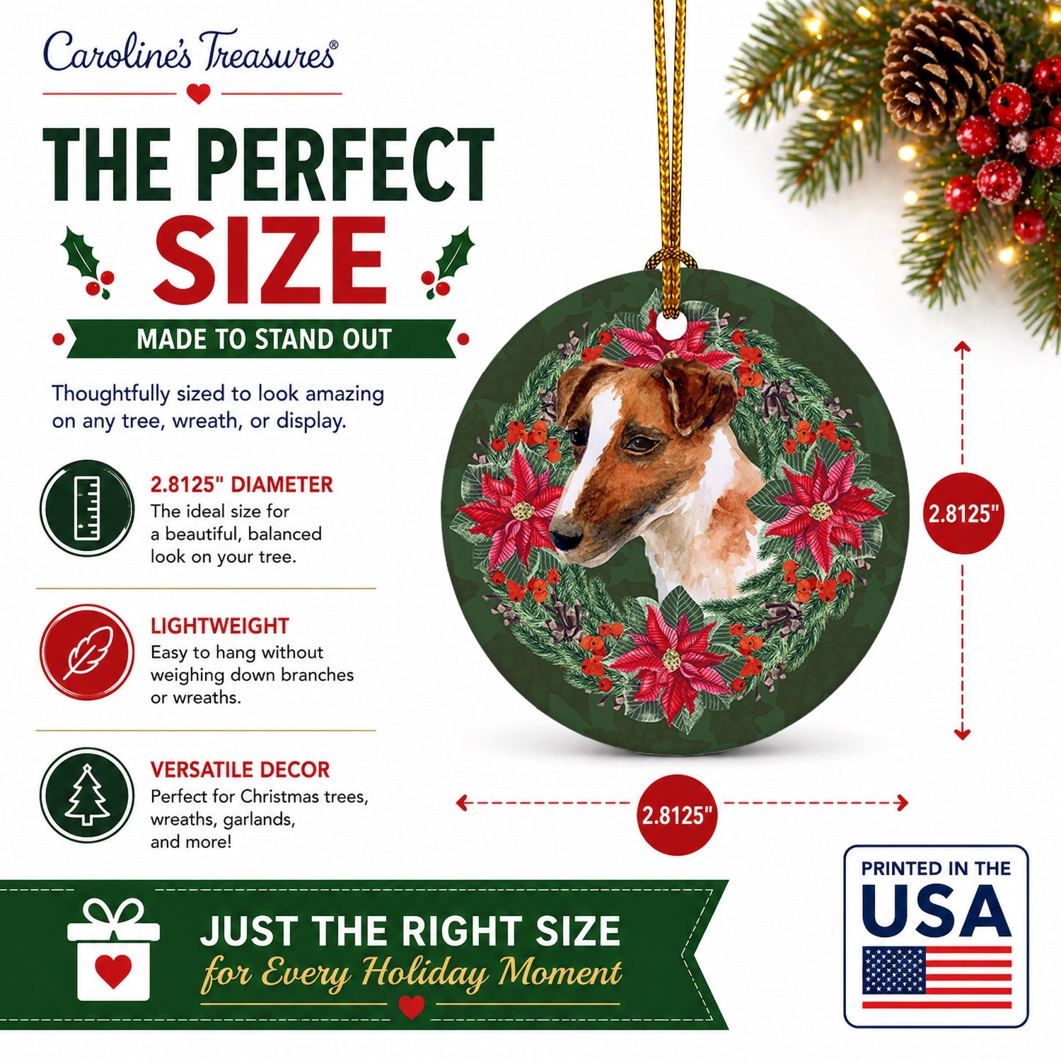 Smooth Fox Terrier Poinsetta Wreath Ceramic Ornament Christmas Tree Hanging Decorations for Home Christmas Holiday, Party, Gift, 3 in, Multicolor