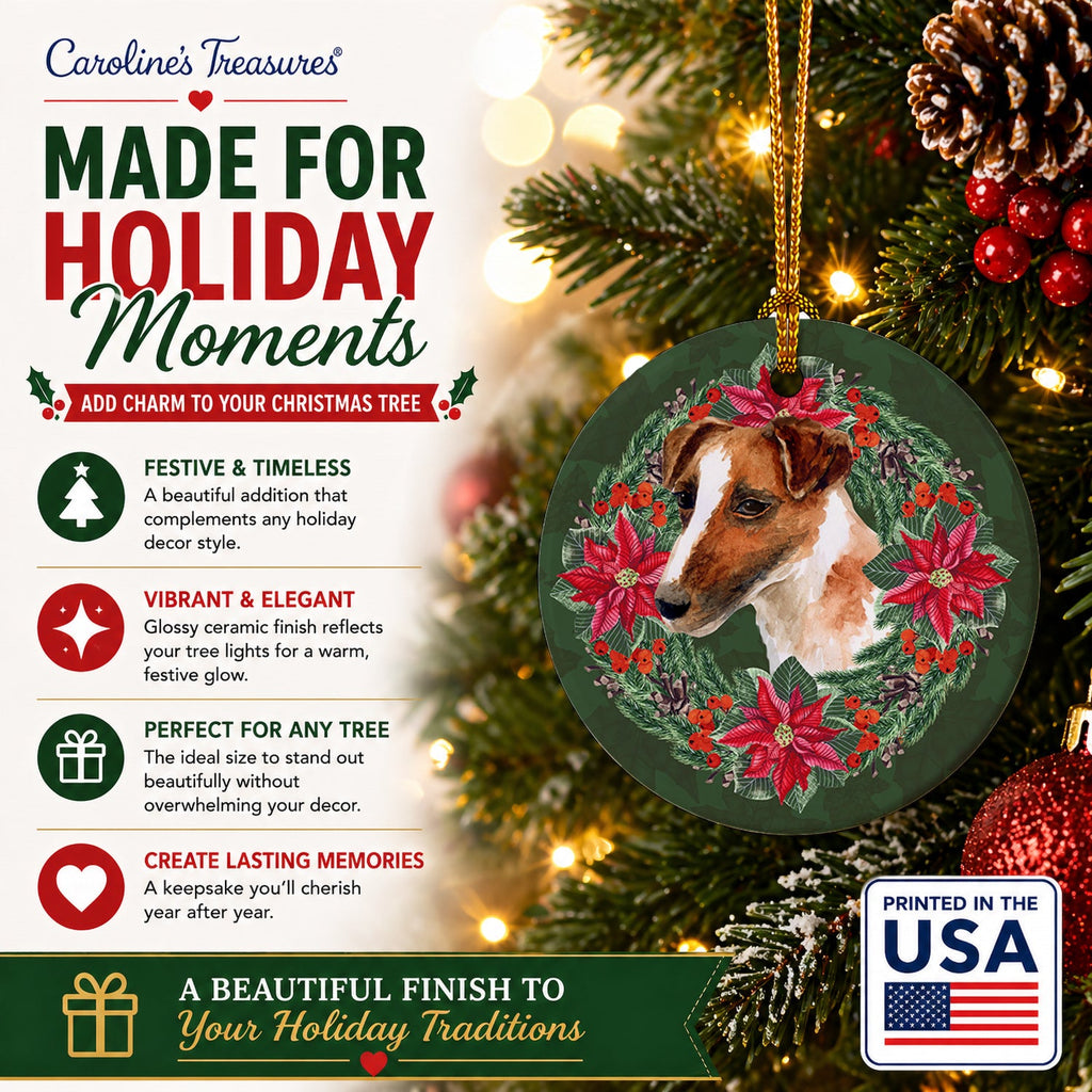 Smooth Fox Terrier Poinsetta Wreath Ceramic Ornament Christmas Tree Hanging Decorations for Home Christmas Holiday, Party, Gift, 3 in, Multicolor