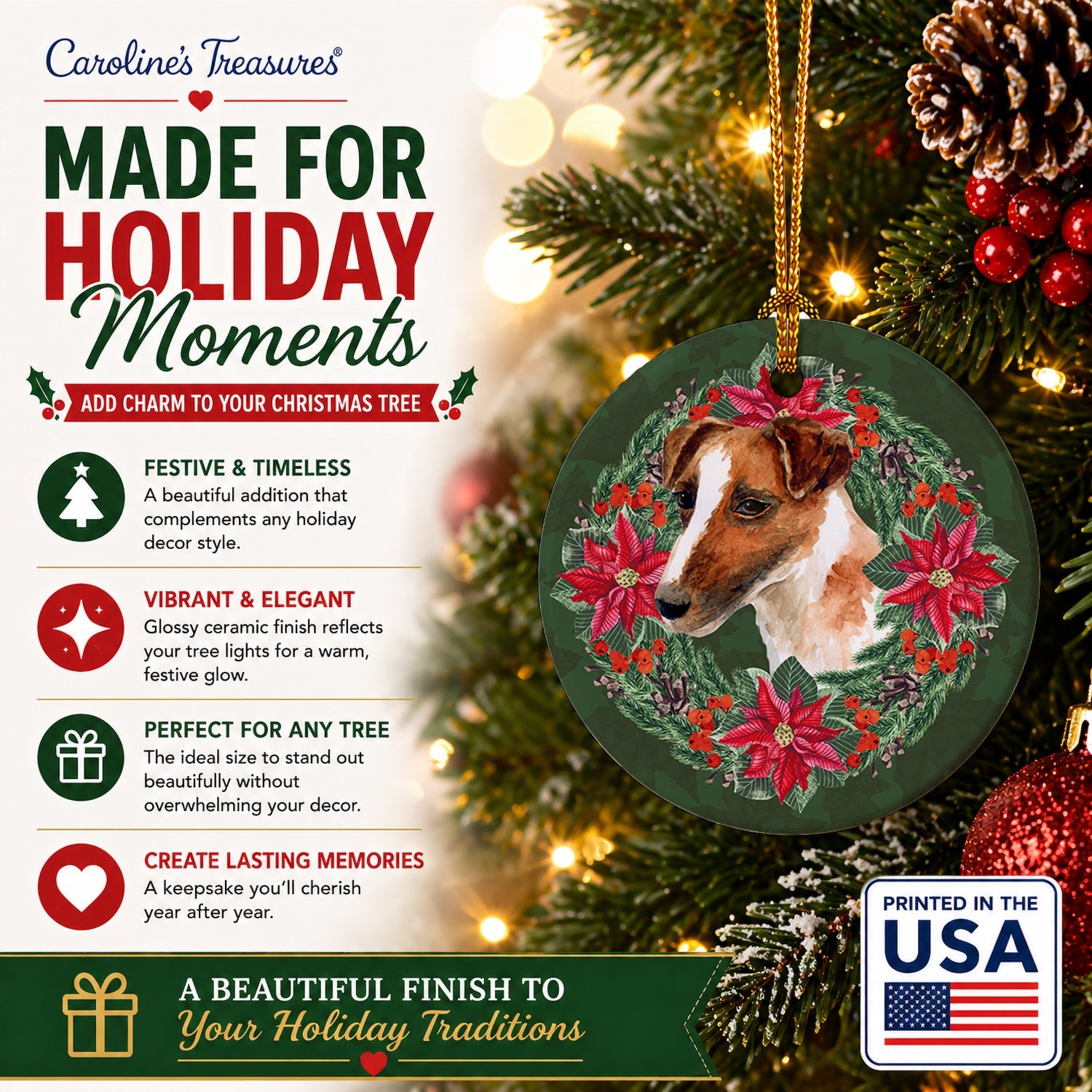 Smooth Fox Terrier Poinsetta Wreath Ceramic Ornament Christmas Tree Hanging Decorations for Home Christmas Holiday, Party, Gift, 3 in, Multicolor