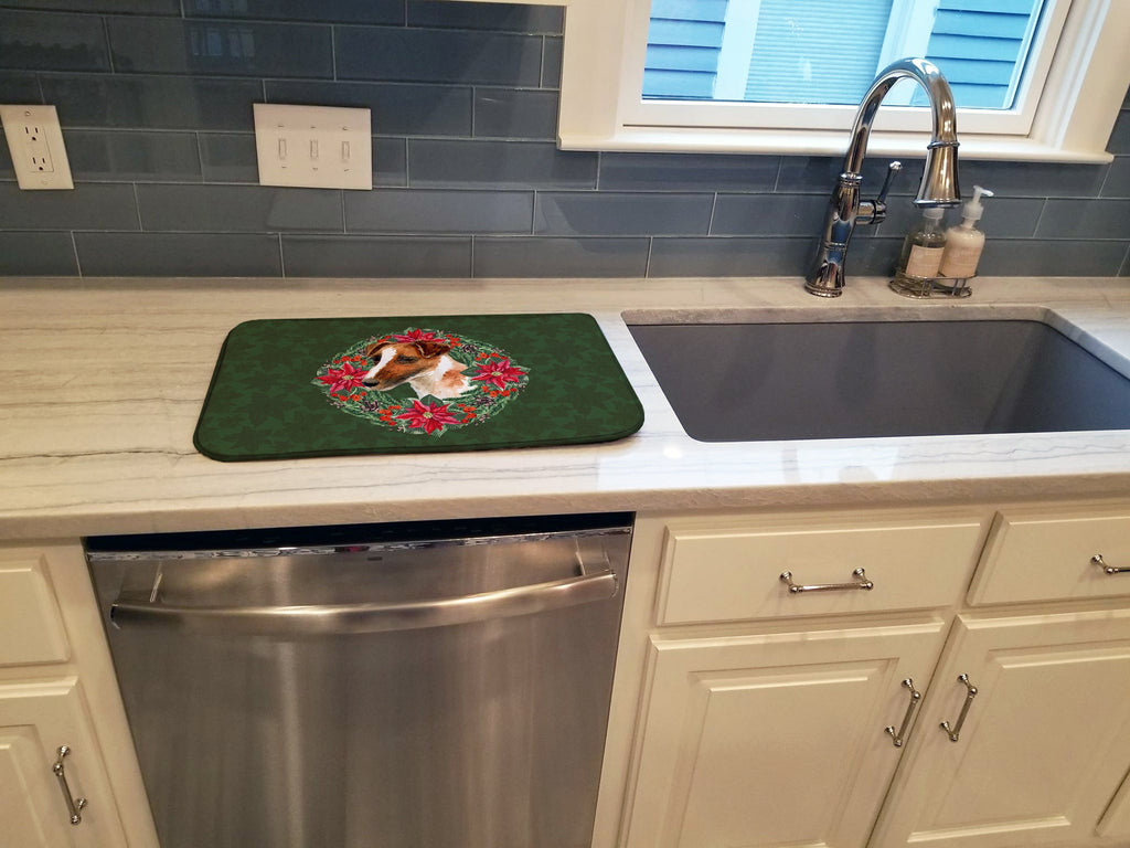 Smooth Fox Terrier Poinsetta Wreath Dish Drying Mat Absorbent Dish Drying Mat Pad for Kitchen Counter Dish Drainer Mat for Countertop, 14 x 21", Multicolor