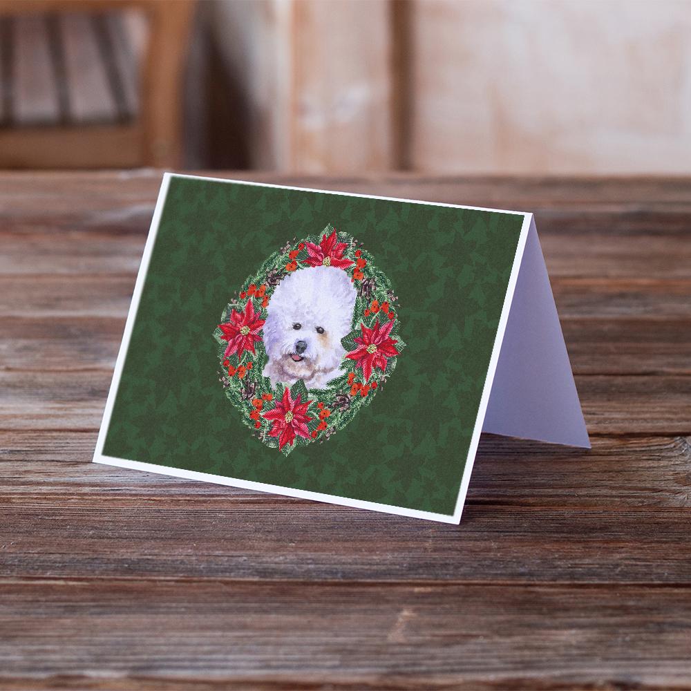 Bichon Frise Poinsetta Wreath Greeting Cards Pack of 8 Blank Cards with Envelopes Whimsical A7 Size 5x7
