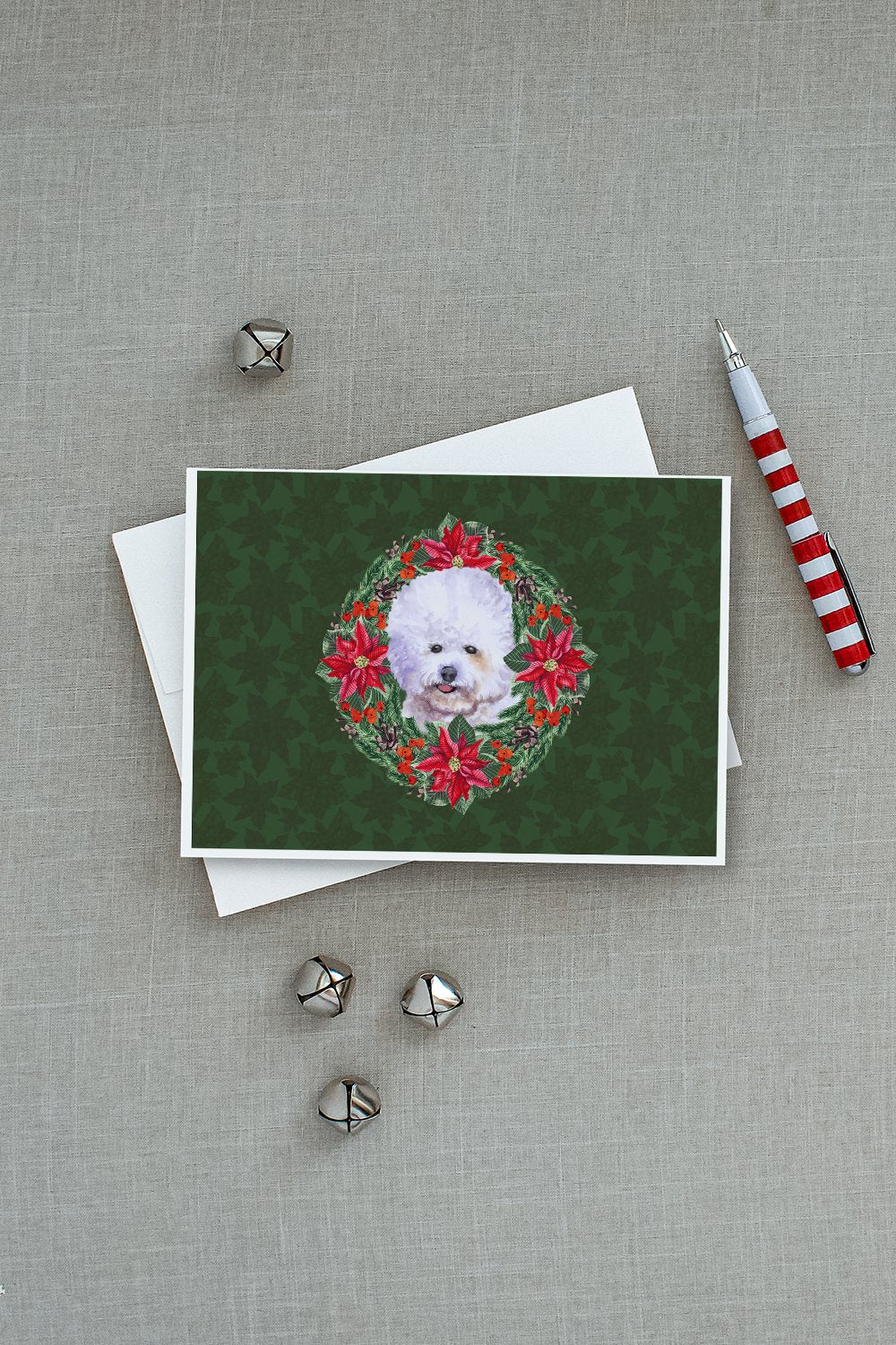 Bichon Frise Poinsetta Wreath Greeting Cards Pack of 8 Blank Cards with Envelopes Whimsical A7 Size 5x7