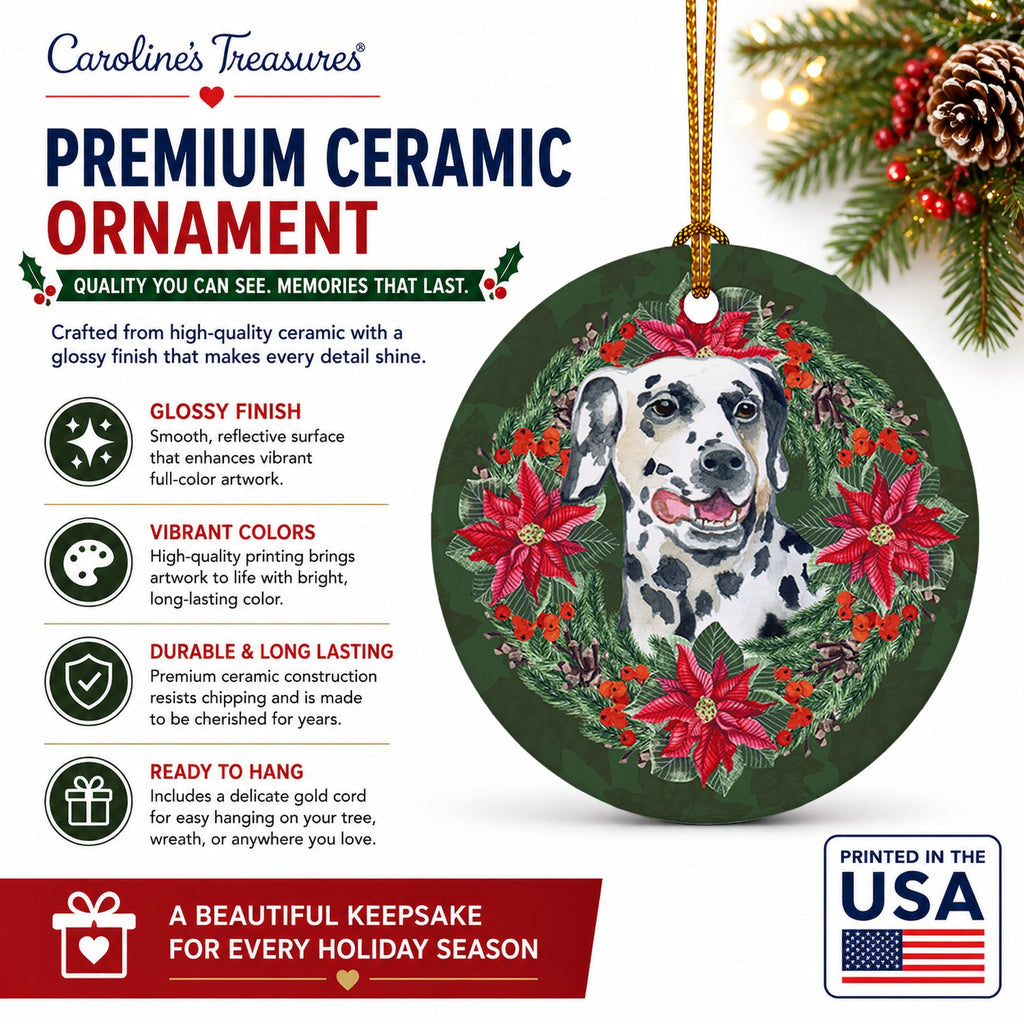 Dalmatian Poinsetta Wreath Ceramic Ornament Christmas Tree Hanging Decorations for Home Christmas Holiday, Party, Gift, 3 in, Multicolor