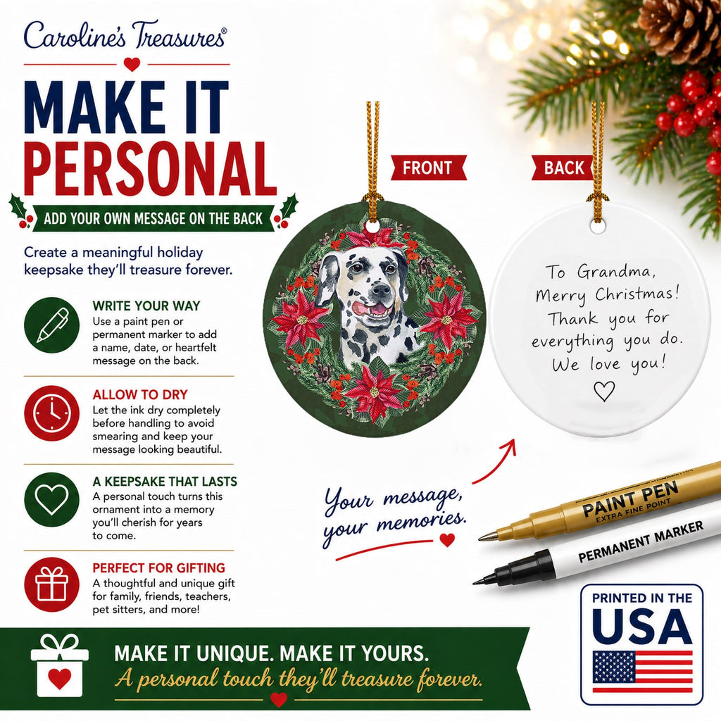 Dalmatian Poinsetta Wreath Ceramic Ornament Christmas Tree Hanging Decorations for Home Christmas Holiday, Party, Gift, 3 in, Multicolor