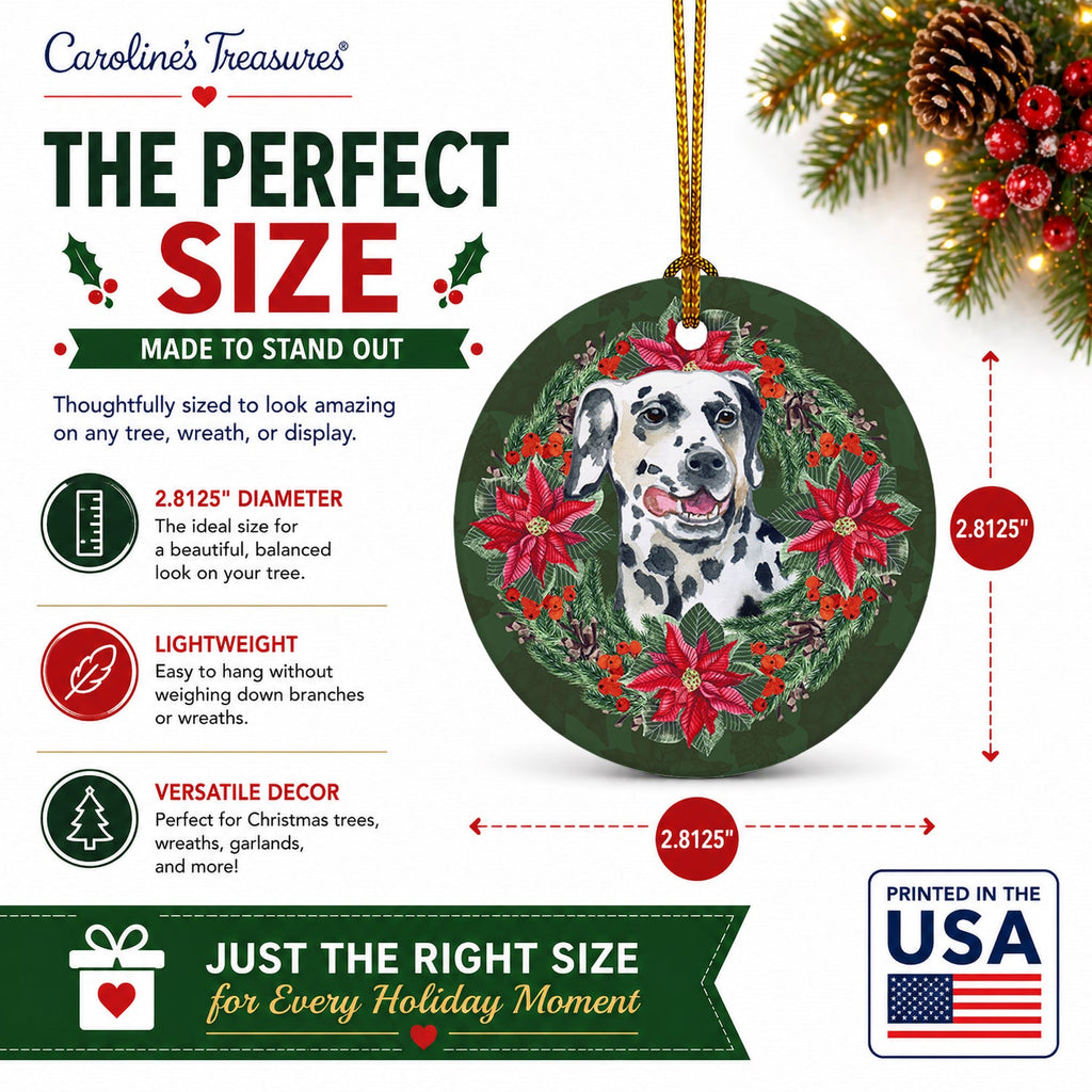 Dalmatian Poinsetta Wreath Ceramic Ornament Christmas Tree Hanging Decorations for Home Christmas Holiday, Party, Gift, 3 in, Multicolor