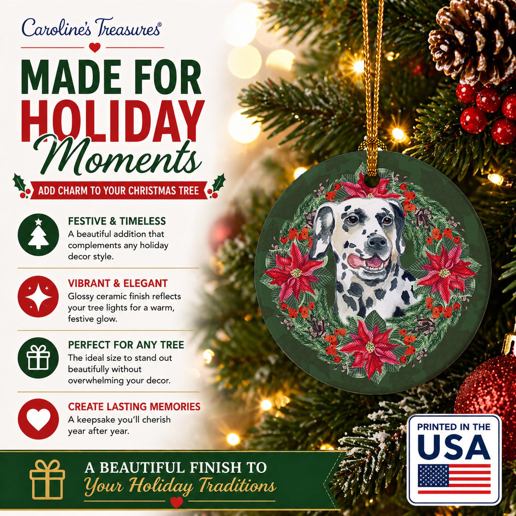 Dalmatian Poinsetta Wreath Ceramic Ornament Christmas Tree Hanging Decorations for Home Christmas Holiday, Party, Gift, 3 in, Multicolor