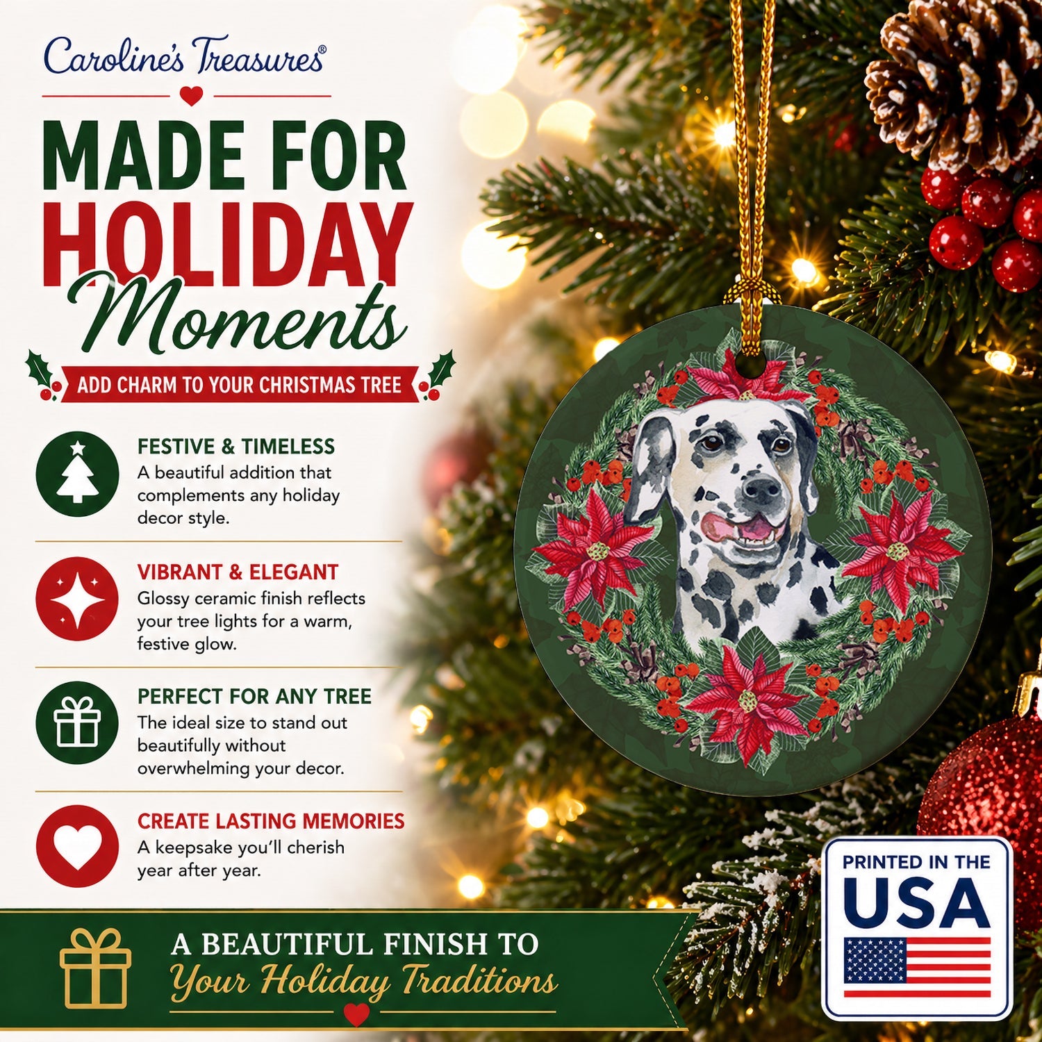 Dalmatian Poinsetta Wreath Ceramic Ornament Christmas Tree Hanging Decorations for Home Christmas Holiday, Party, Gift, 3 in, Multicolor