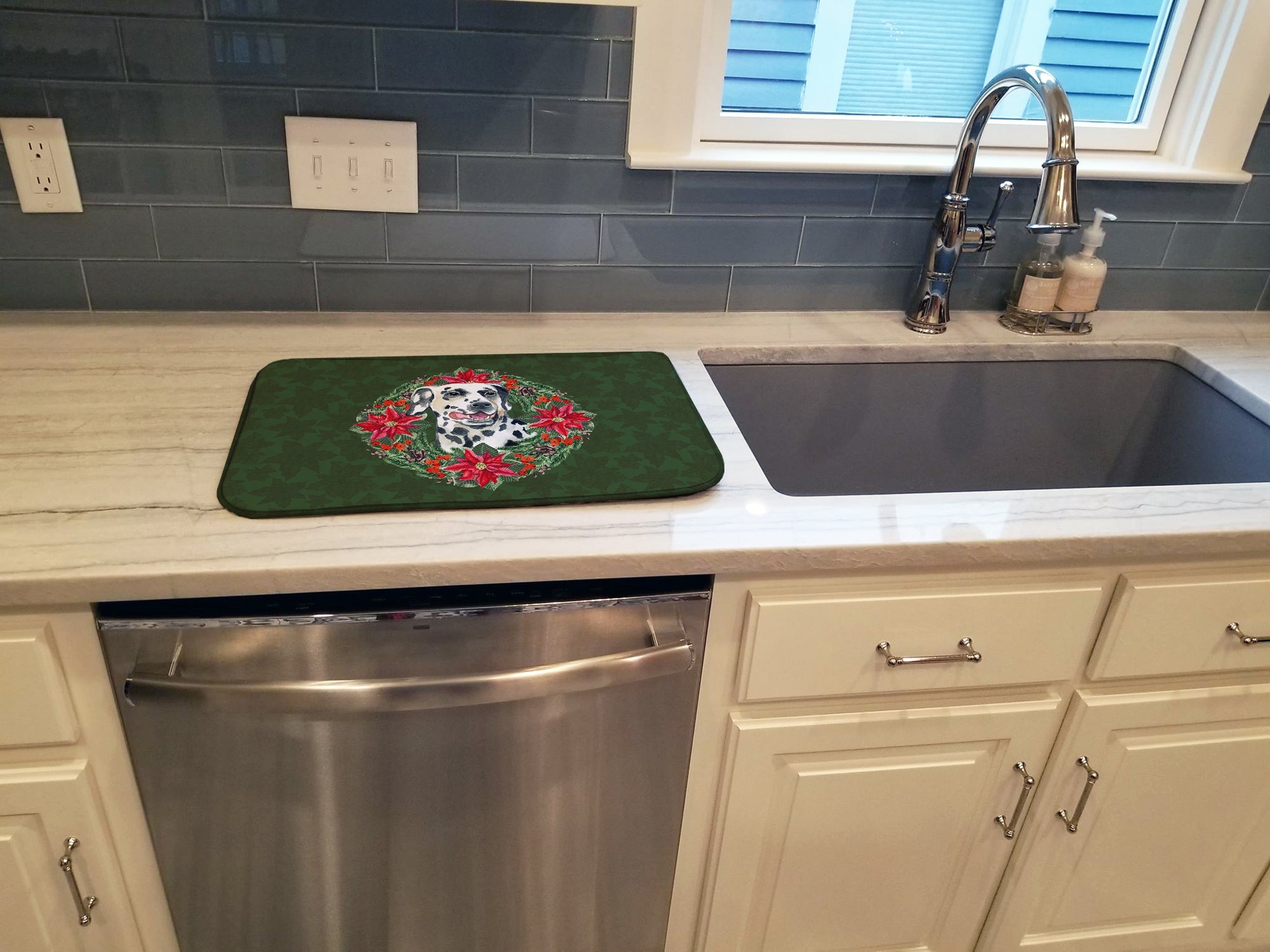 Dalmatian Poinsetta Wreath Dish Drying Mat Absorbent Dish Drying Mat Pad for Kitchen Counter Dish Drainer Mat for Countertop, 14 x 21", Multicolor