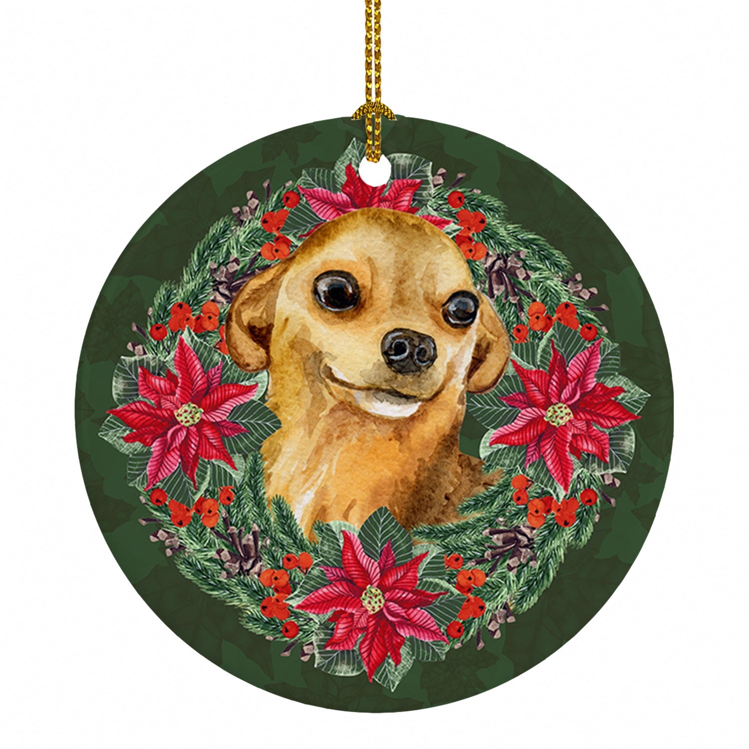 Chihuahua Poinsetta Wreath Ceramic Ornament Christmas Tree Hanging Decorations for Home Christmas Holiday, Party, Gift, 3 in, Multicolor