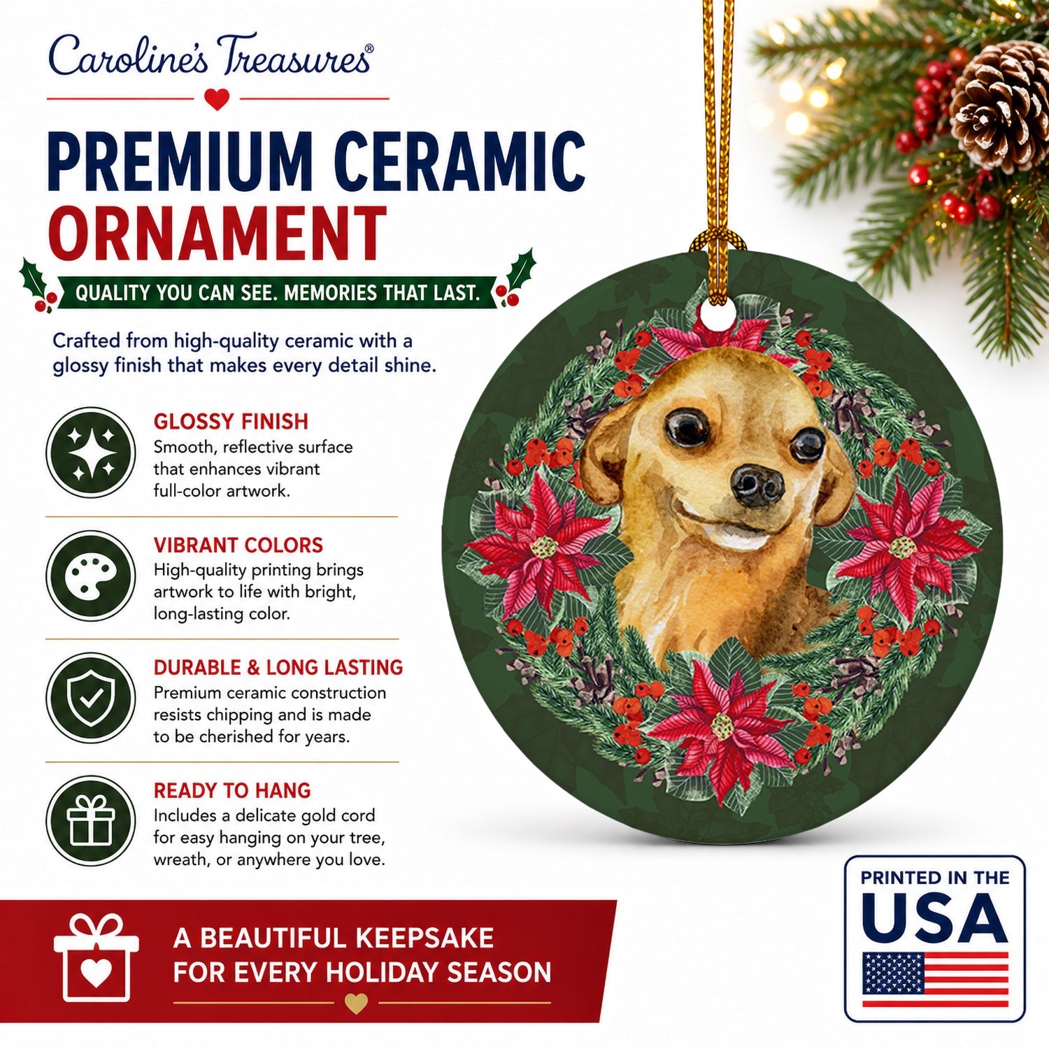 Chihuahua Poinsetta Wreath Ceramic Ornament Christmas Tree Hanging Decorations for Home Christmas Holiday, Party, Gift, 3 in, Multicolor
