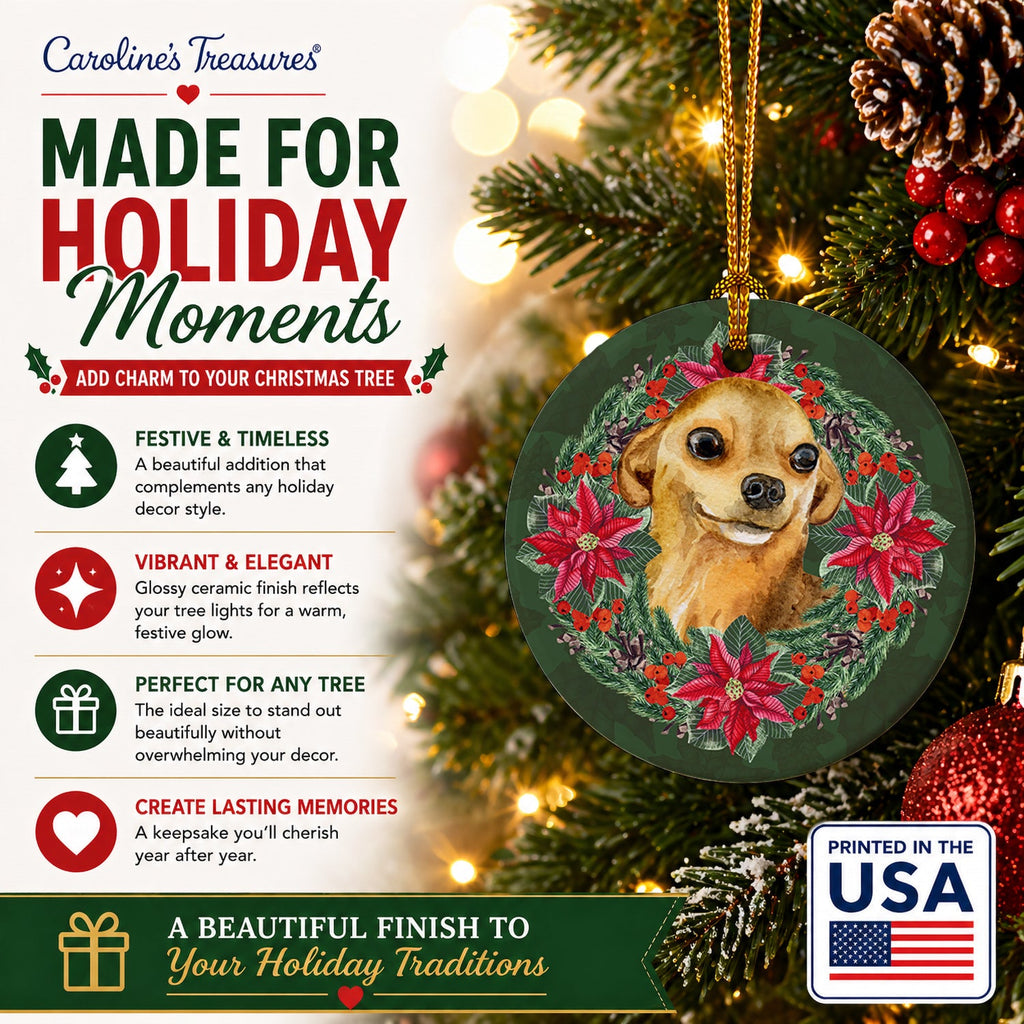 Chihuahua Poinsetta Wreath Ceramic Ornament Christmas Tree Hanging Decorations for Home Christmas Holiday, Party, Gift, 3 in, Multicolor