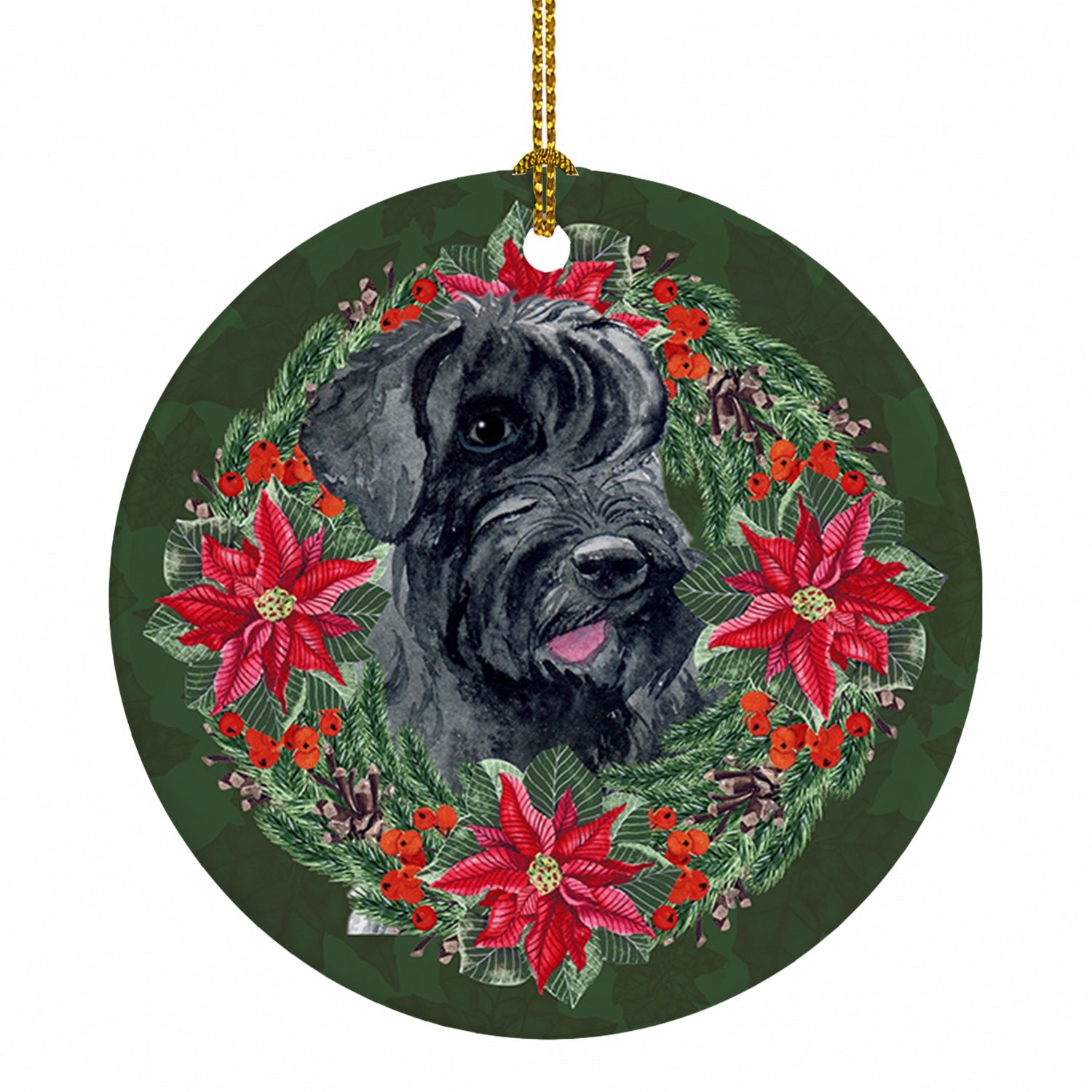 Giant Schnauzer Poinsetta Wreath Ceramic Ornament Christmas Tree Hanging Decorations for Home Christmas Holiday, Party, Gift, 3 in, Multicolor