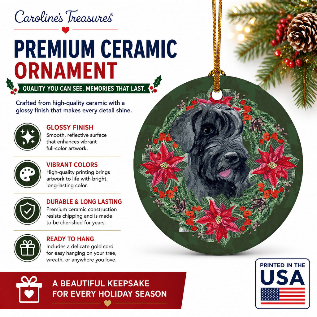Giant Schnauzer Poinsetta Wreath Ceramic Ornament Christmas Tree Hanging Decorations for Home Christmas Holiday, Party, Gift, 3 in, Multicolor