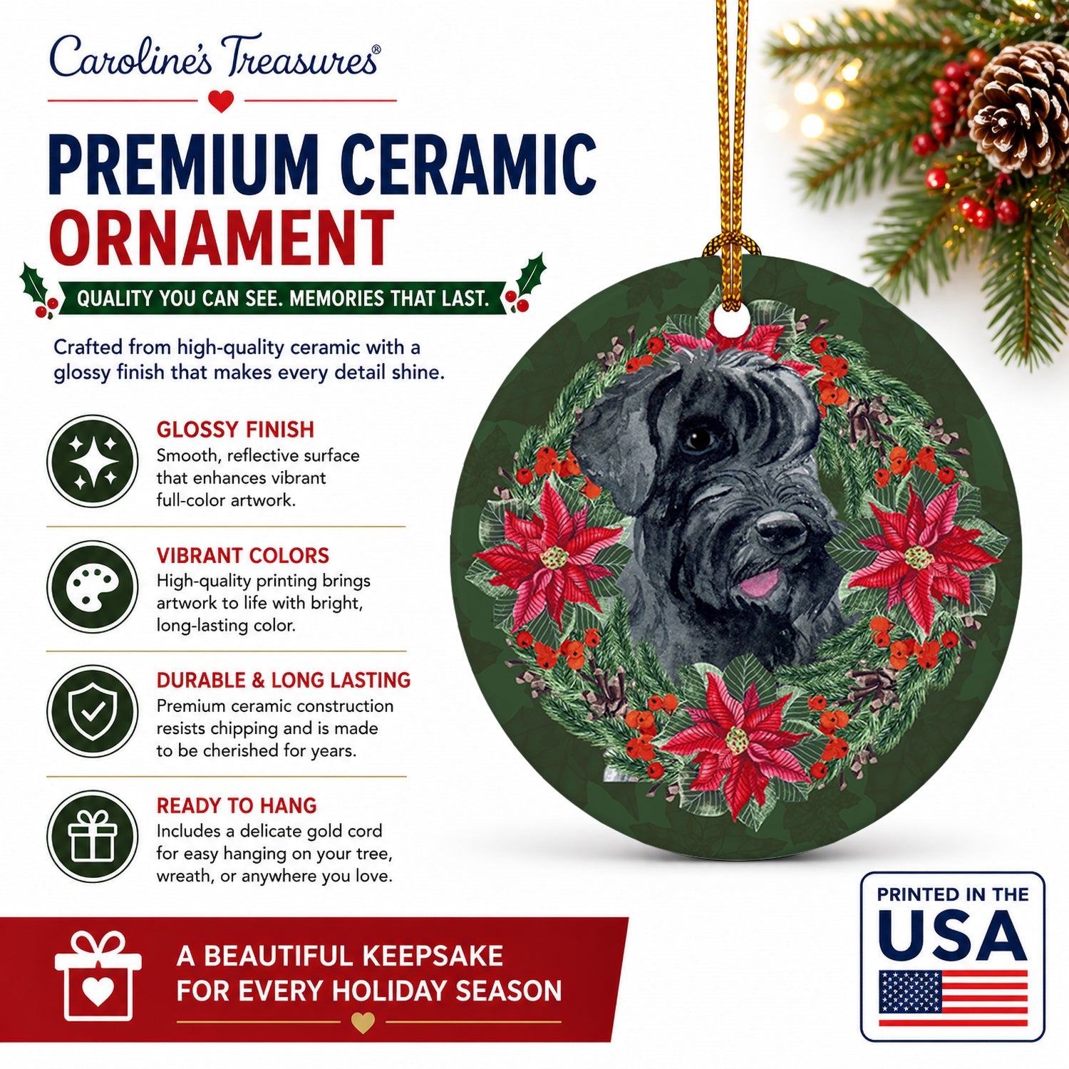 Giant Schnauzer Poinsetta Wreath Ceramic Ornament Christmas Tree Hanging Decorations for Home Christmas Holiday, Party, Gift, 3 in, Multicolor