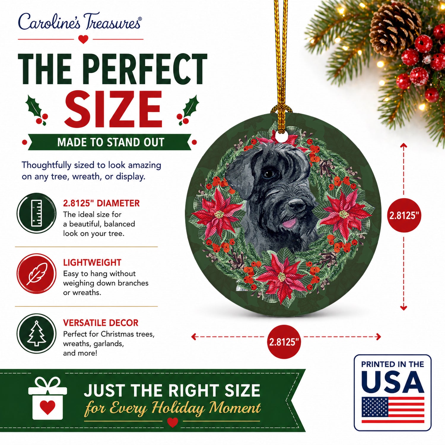 Giant Schnauzer Poinsetta Wreath Ceramic Ornament Christmas Tree Hanging Decorations for Home Christmas Holiday, Party, Gift, 3 in, Multicolor