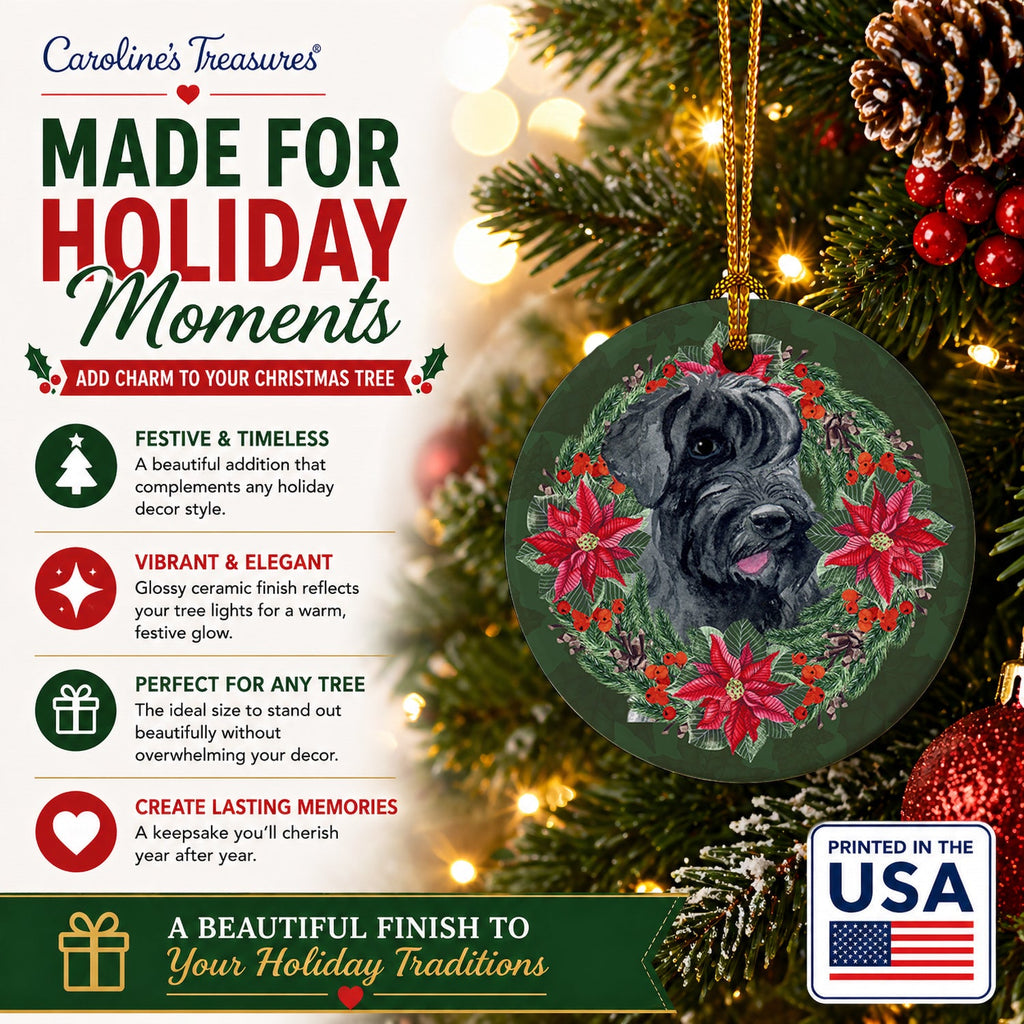 Giant Schnauzer Poinsetta Wreath Ceramic Ornament Christmas Tree Hanging Decorations for Home Christmas Holiday, Party, Gift, 3 in, Multicolor