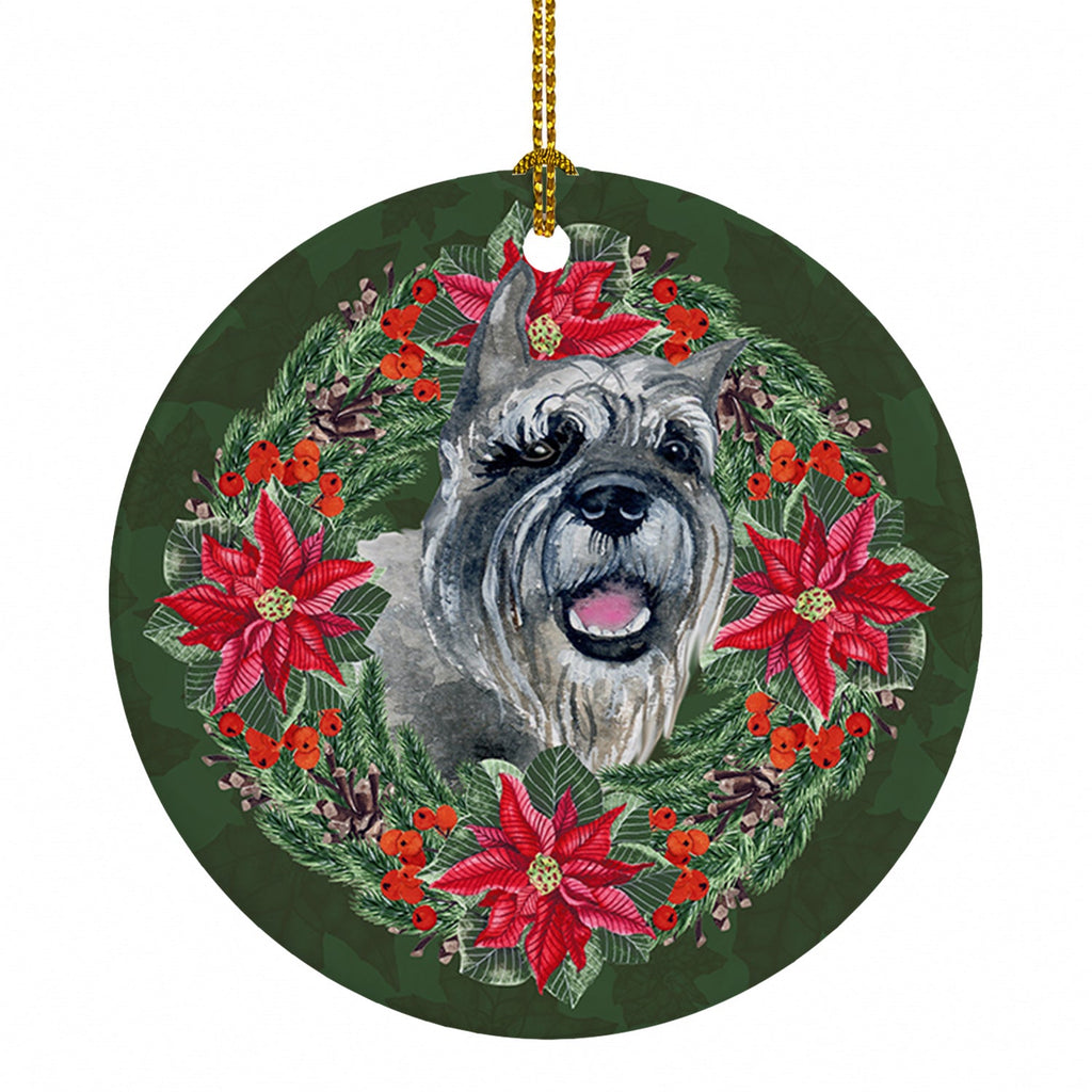 Schnauzer Poinsetta Wreath Ceramic Ornament Christmas Tree Hanging Decorations for Home Christmas Holiday, Party, Gift, 3 in, Multicolor