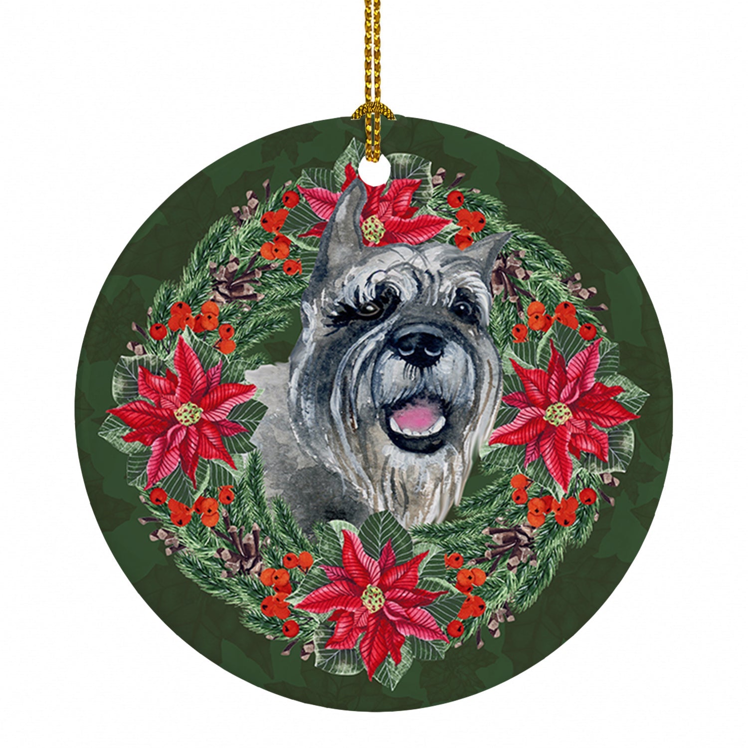 Schnauzer Poinsetta Wreath Ceramic Ornament Christmas Tree Hanging Decorations for Home Christmas Holiday, Party, Gift, 3 in, Multicolor