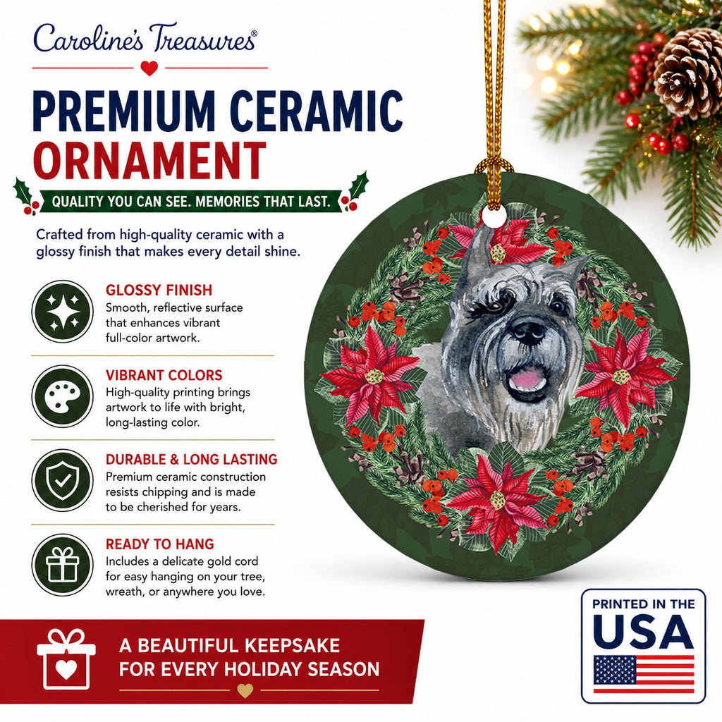 Schnauzer Poinsetta Wreath Ceramic Ornament Christmas Tree Hanging Decorations for Home Christmas Holiday, Party, Gift, 3 in, Multicolor