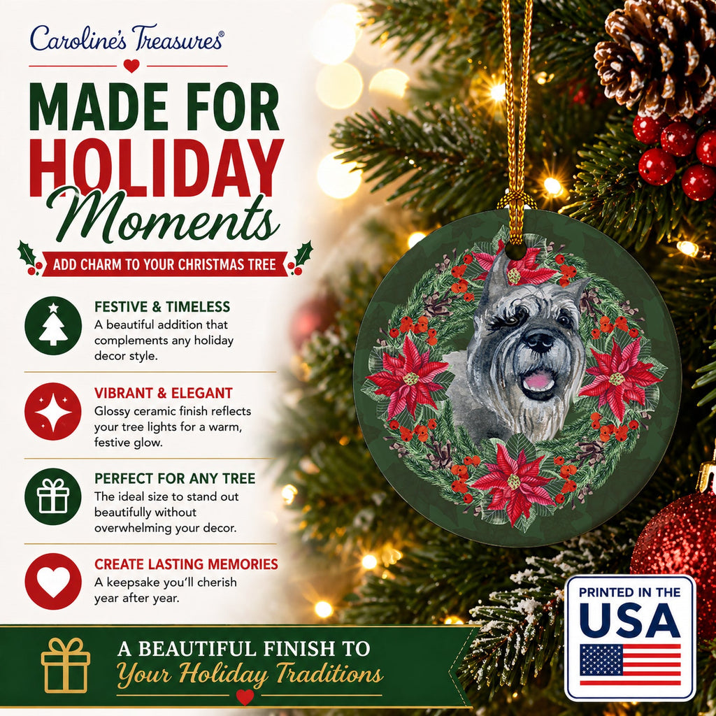 Schnauzer Poinsetta Wreath Ceramic Ornament Christmas Tree Hanging Decorations for Home Christmas Holiday, Party, Gift, 3 in, Multicolor