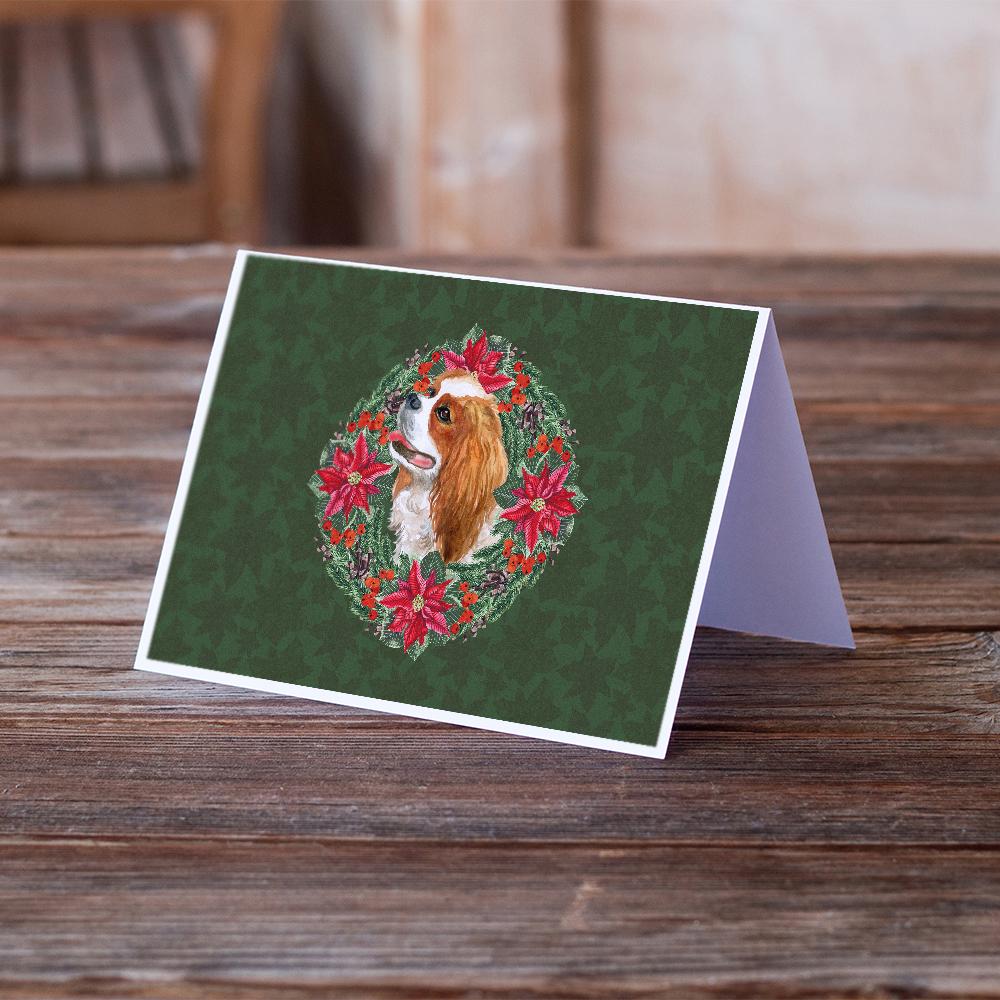 Cavalier Spaniel Poinsetta Wreath Greeting Cards Pack of 8 Blank Cards with Envelopes Whimsical A7 Size 5x7
