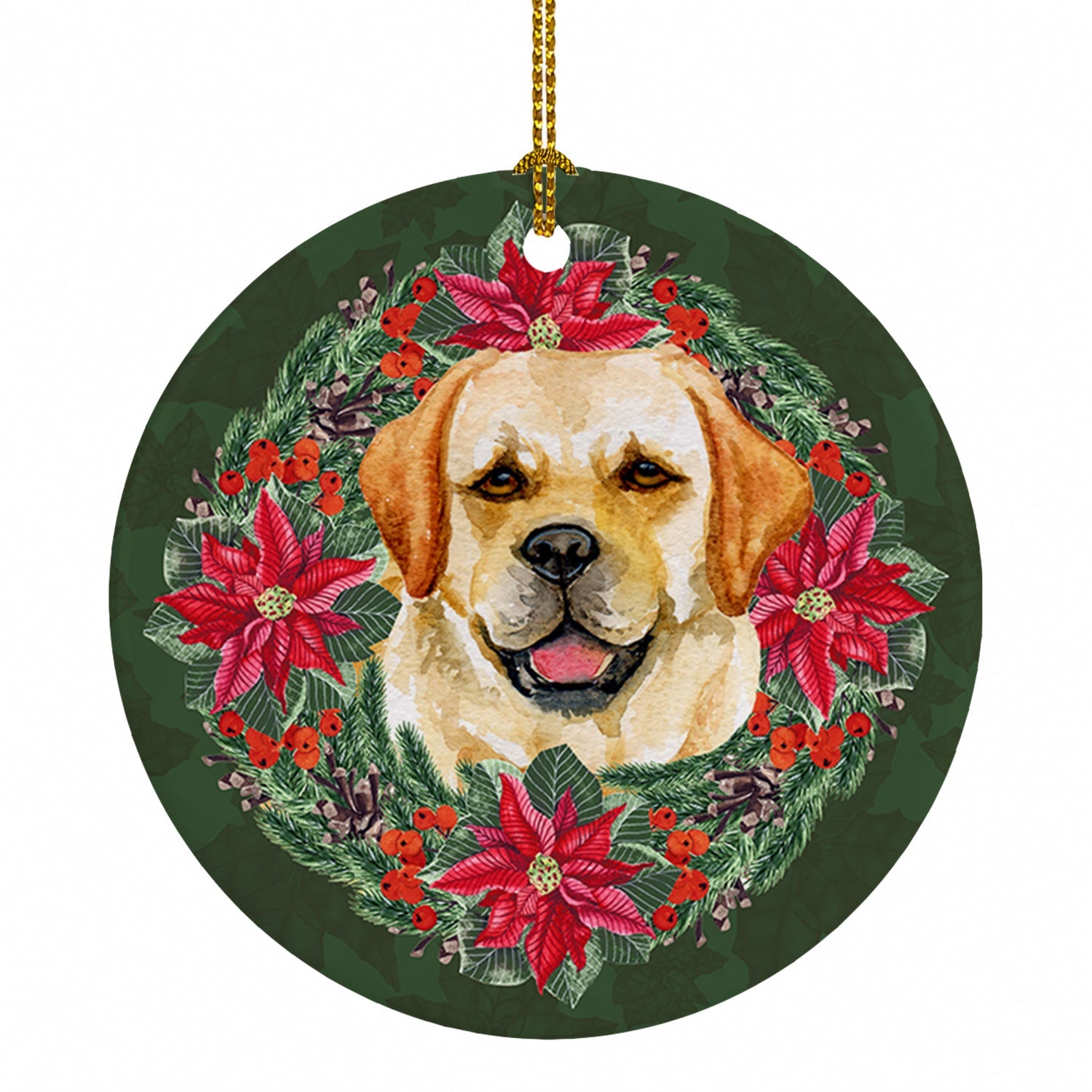 Golden Retriever Poinsetta Wreath Ceramic Ornament Christmas Tree Hanging Decorations for Home Christmas Holiday, Party, Gift, 3 in, Multicolor