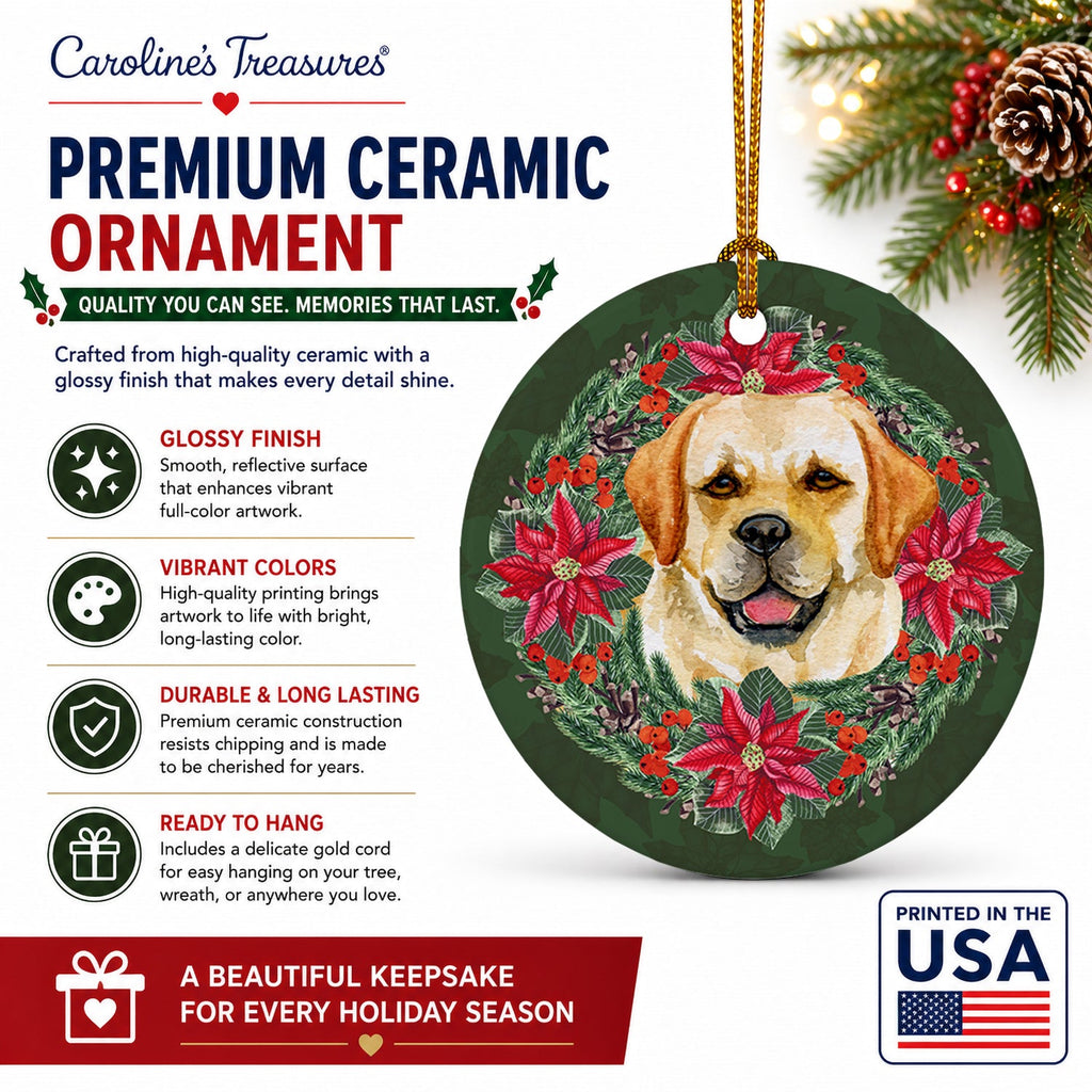 Golden Retriever Poinsetta Wreath Ceramic Ornament Christmas Tree Hanging Decorations for Home Christmas Holiday, Party, Gift, 3 in, Multicolor