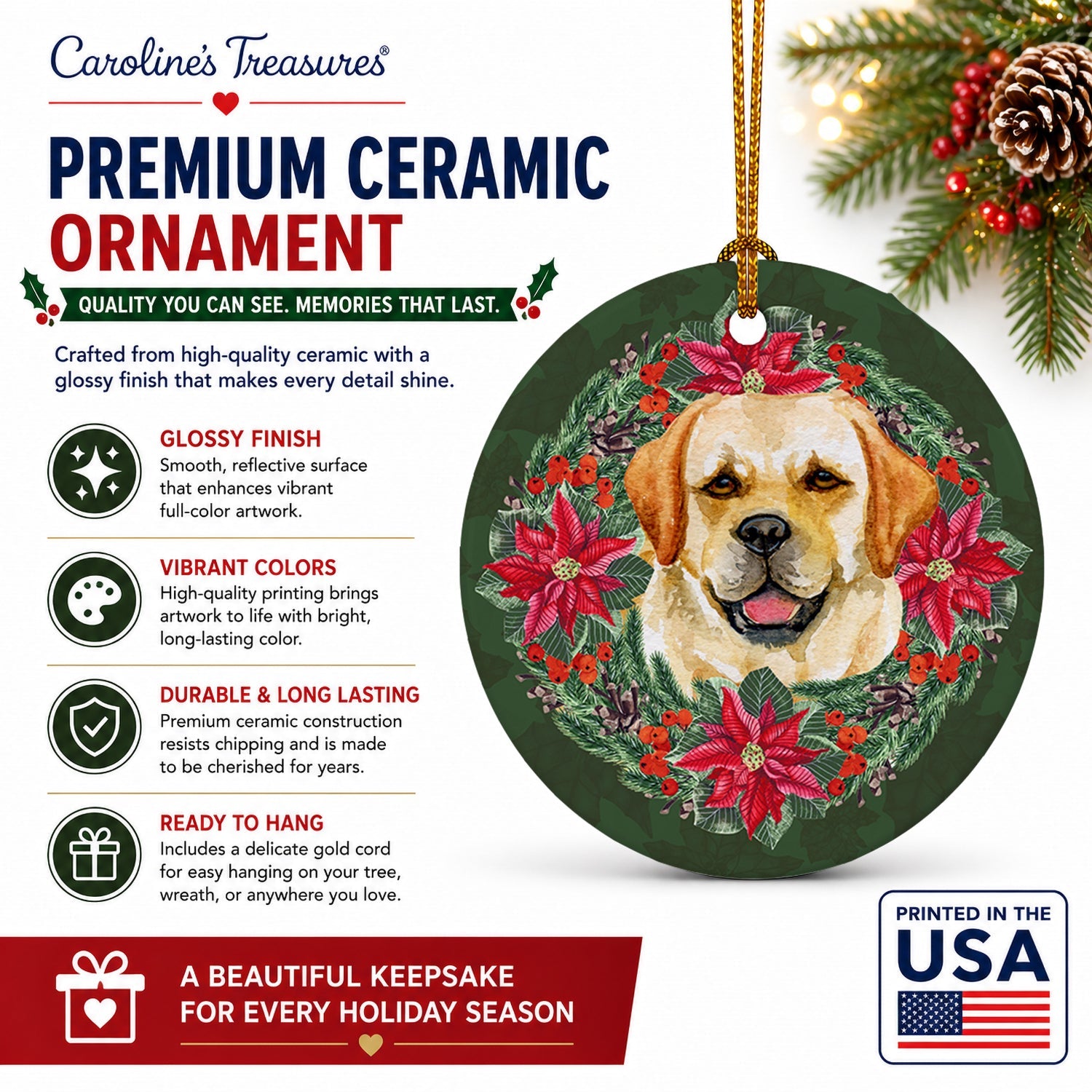 Golden Retriever Poinsetta Wreath Ceramic Ornament Christmas Tree Hanging Decorations for Home Christmas Holiday, Party, Gift, 3 in, Multicolor