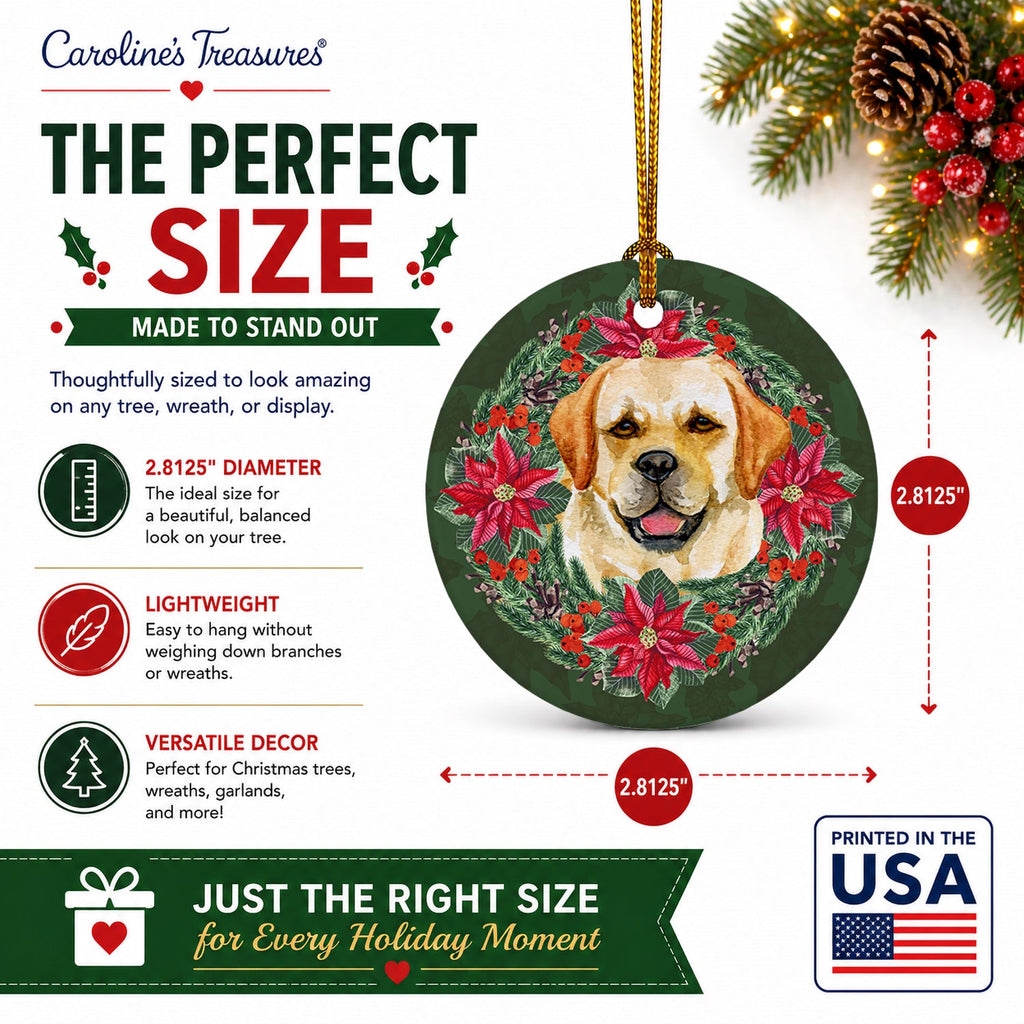 Golden Retriever Poinsetta Wreath Ceramic Ornament Christmas Tree Hanging Decorations for Home Christmas Holiday, Party, Gift, 3 in, Multicolor