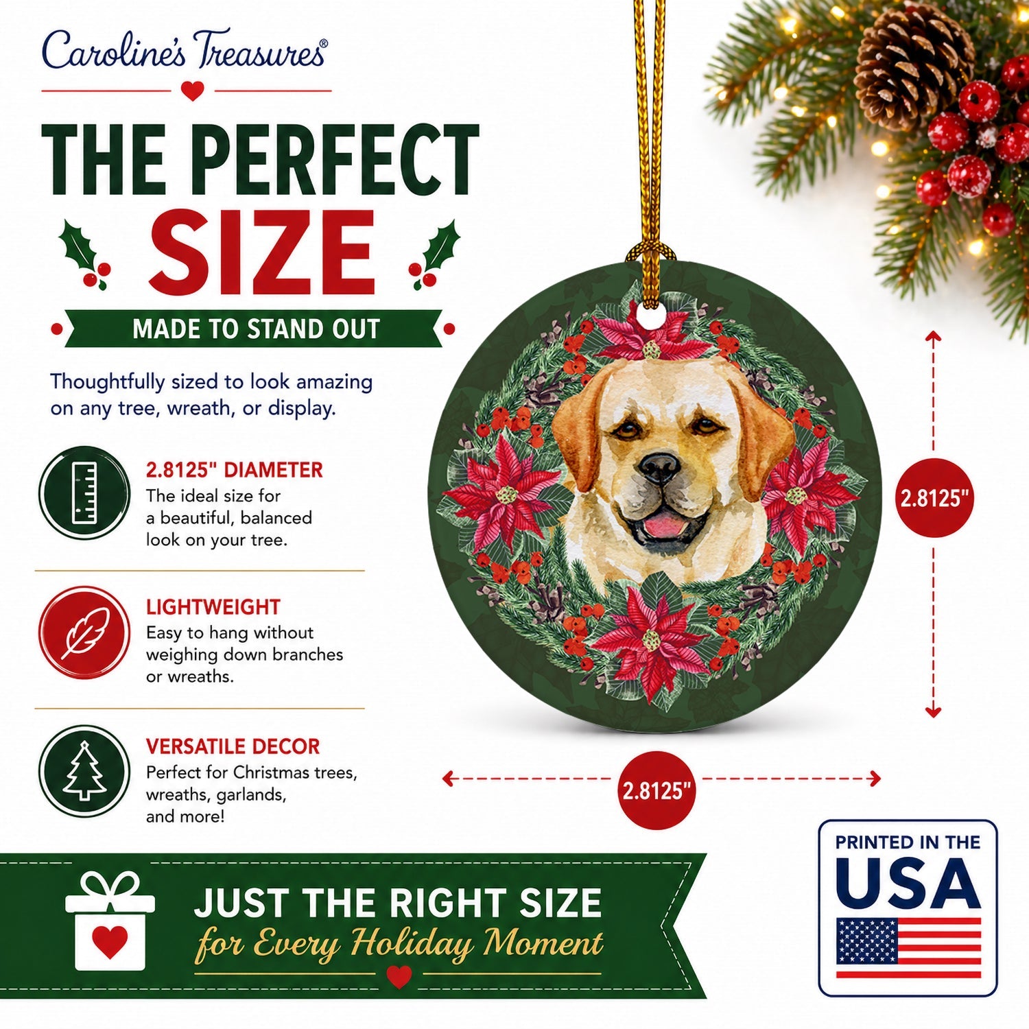 Golden Retriever Poinsetta Wreath Ceramic Ornament Christmas Tree Hanging Decorations for Home Christmas Holiday, Party, Gift, 3 in, Multicolor