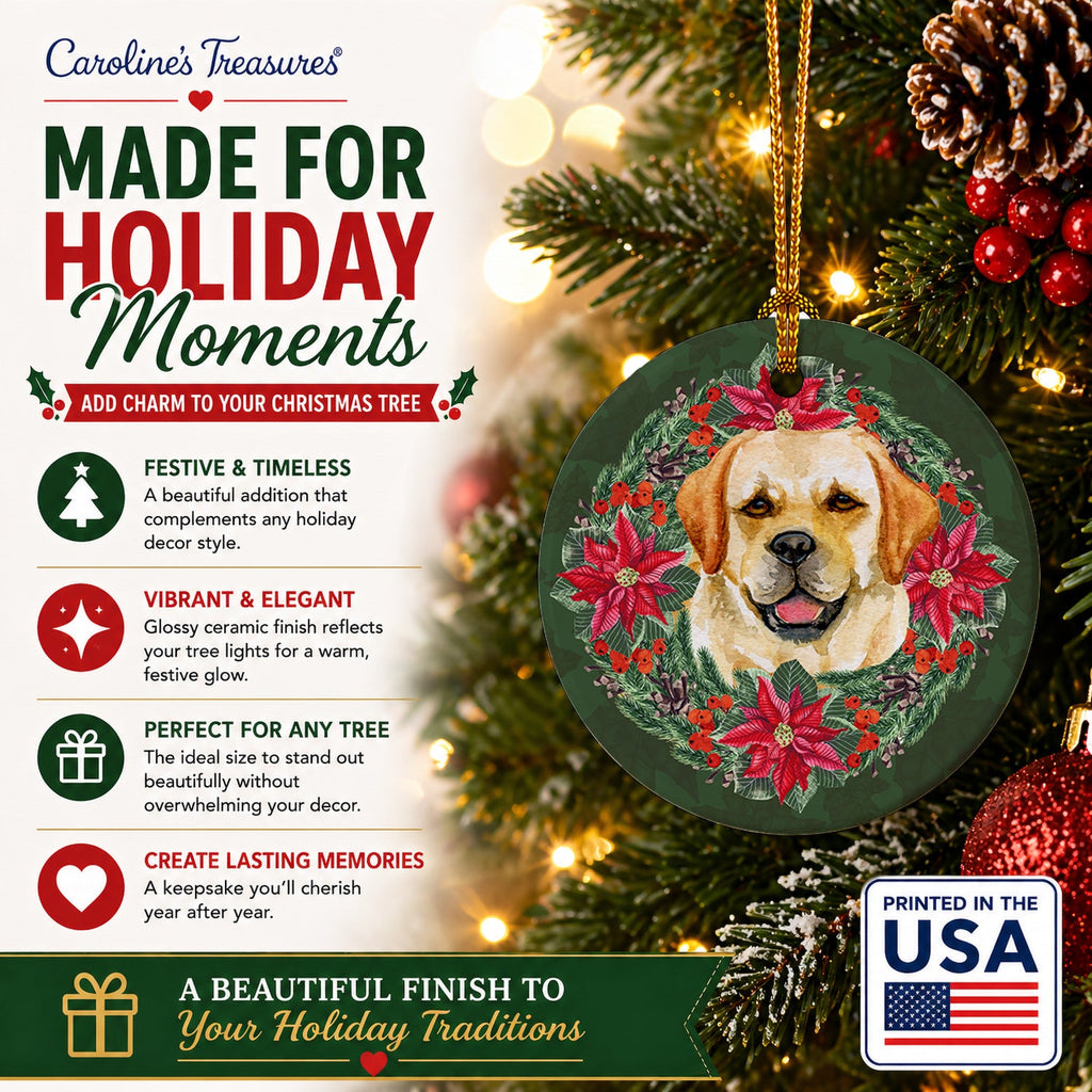 Golden Retriever Poinsetta Wreath Ceramic Ornament Christmas Tree Hanging Decorations for Home Christmas Holiday, Party, Gift, 3 in, Multicolor
