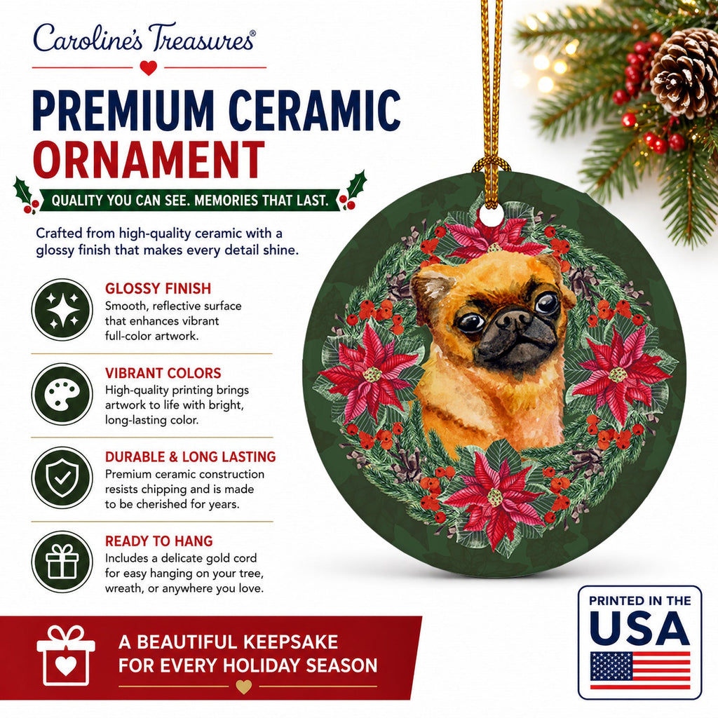 Small Brabant Griffon Poinsetta Wreath Ceramic Ornament Christmas Tree Hanging Decorations for Home Christmas Holiday, Party, Gift, 3 in, Multicolor