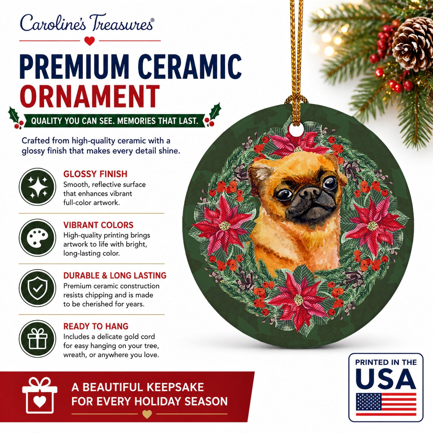 Small Brabant Griffon Poinsetta Wreath Ceramic Ornament Christmas Tree Hanging Decorations for Home Christmas Holiday, Party, Gift, 3 in, Multicolor