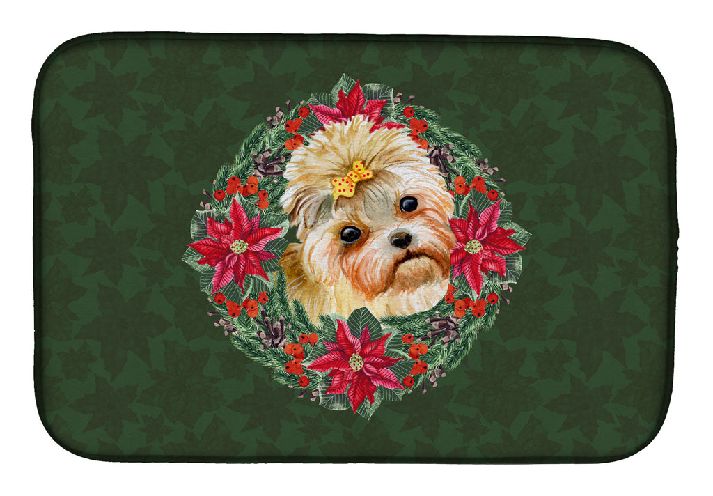 Morkie Poinsetta Wreath Dish Drying Mat Absorbent Dish Drying Mat Pad for Kitchen Counter Dish Drainer Mat for Countertop, 14 x 21", Multicolor