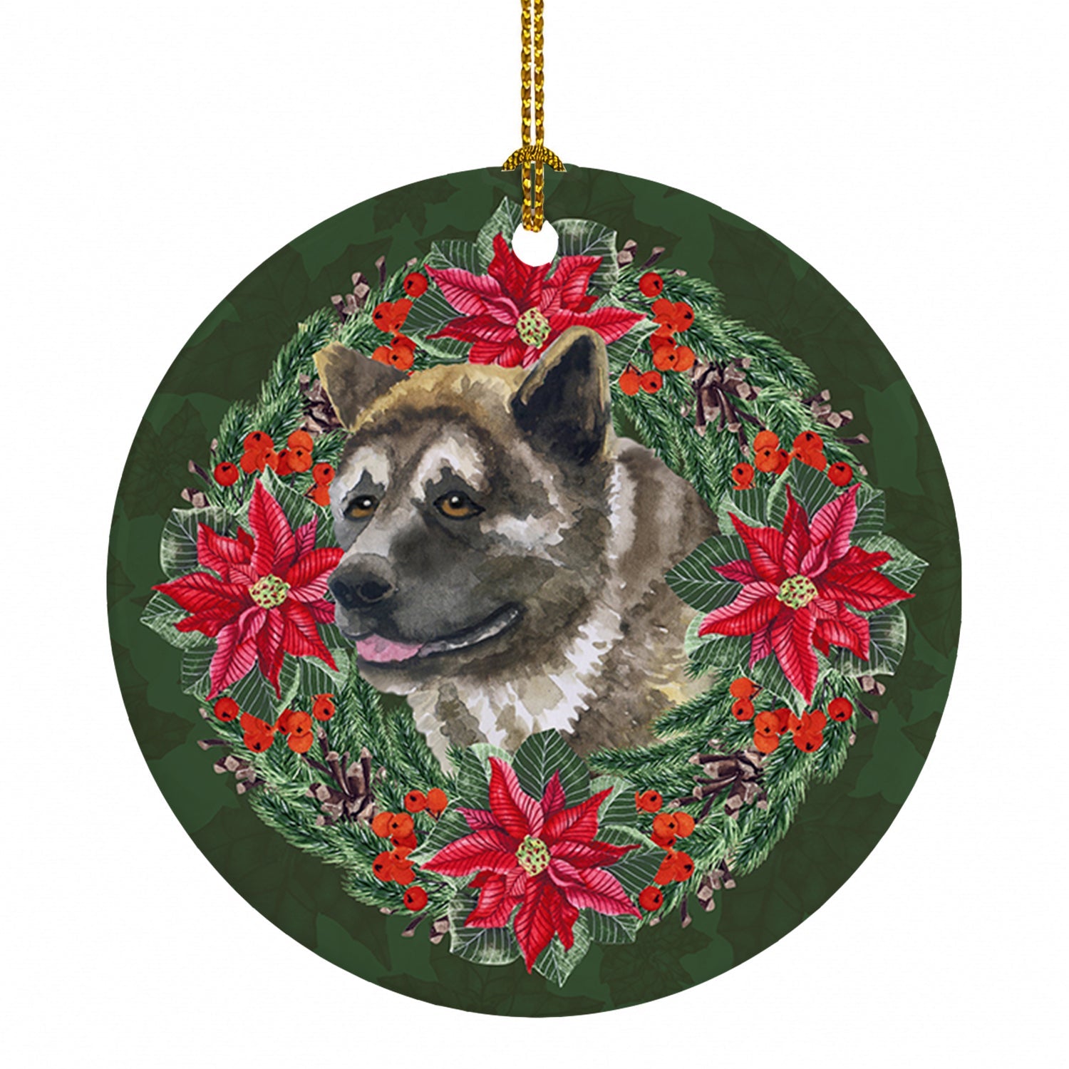 American Akita Poinsetta Wreath Ceramic Ornament Christmas Tree Hanging Decorations for Home Christmas Holiday, Party, Gift, 3 in, Multicolor