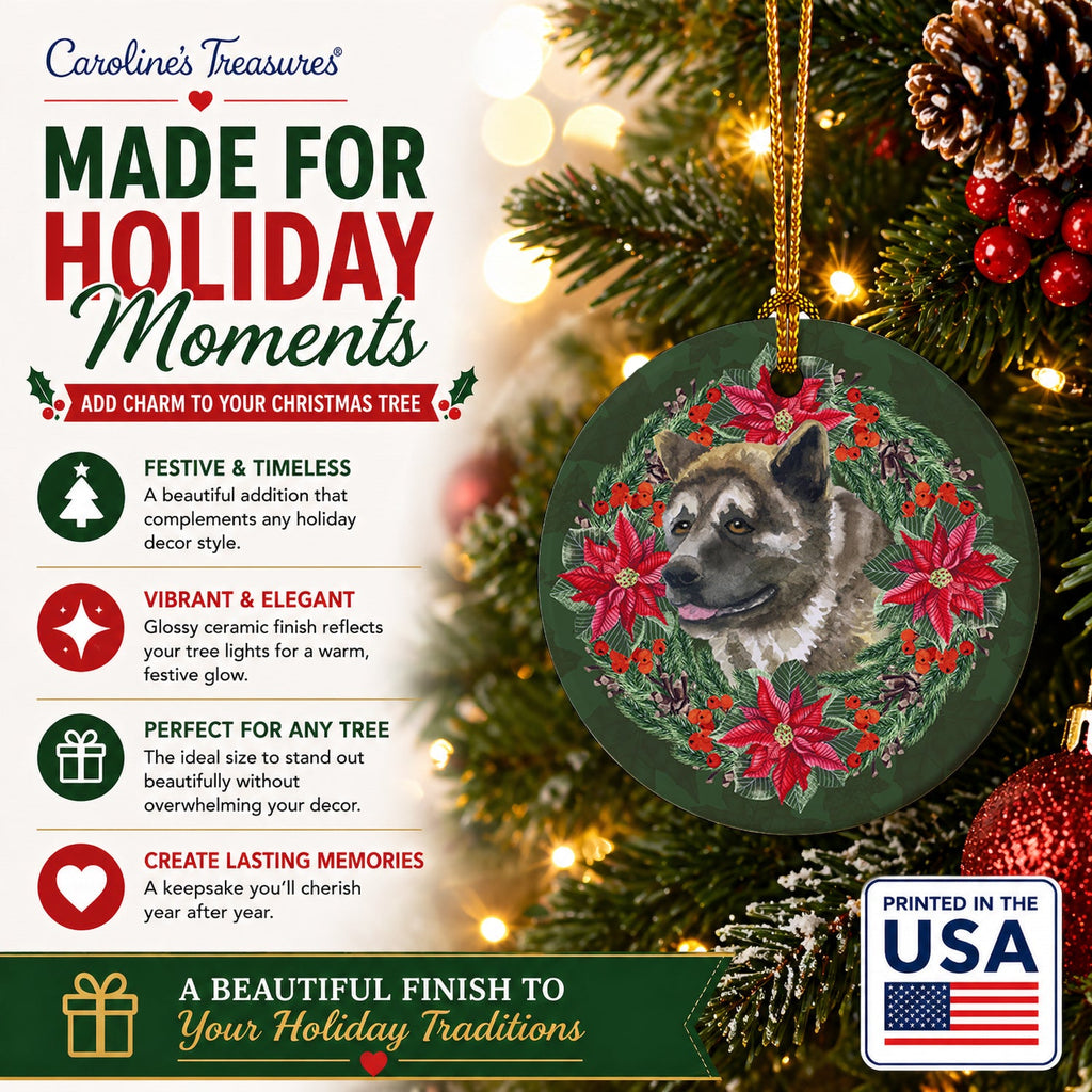American Akita Poinsetta Wreath Ceramic Ornament Christmas Tree Hanging Decorations for Home Christmas Holiday, Party, Gift, 3 in, Multicolor