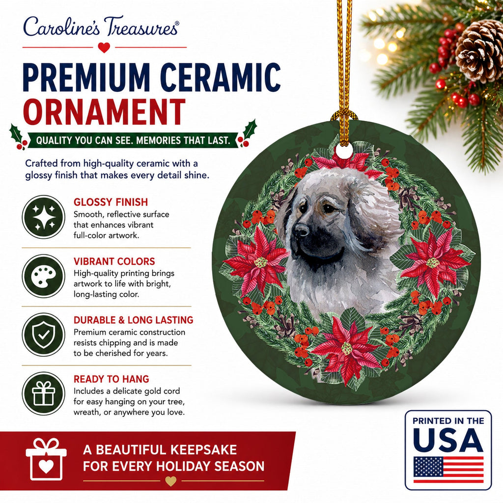 Moscow Watchdog Poinsetta Wreath Ceramic Ornament Christmas Tree Hanging Decorations for Home Christmas Holiday, Party, Gift, 3 in, Multicolor