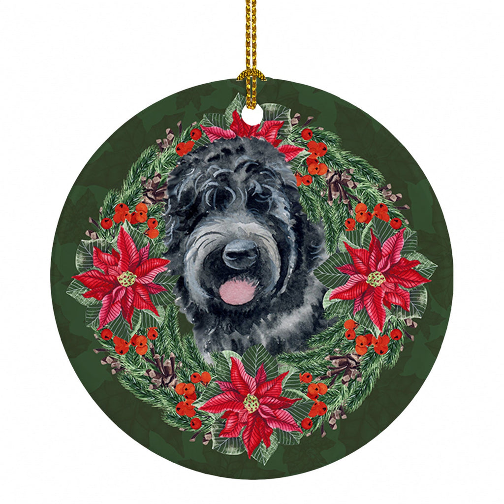 Black Russian Terrier Poinsetta Wreath Ceramic Ornament Christmas Tree Hanging Decorations for Home Christmas Holiday, Party, Gift, 3 in, Multicolor