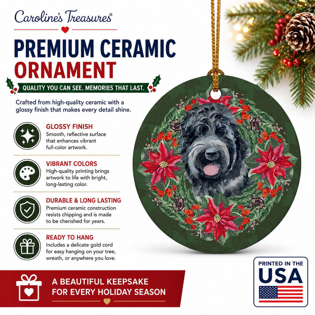 Black Russian Terrier Poinsetta Wreath Ceramic Ornament Christmas Tree Hanging Decorations for Home Christmas Holiday, Party, Gift, 3 in, Multicolor
