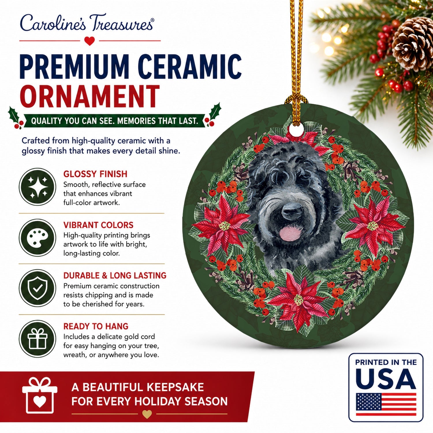 Black Russian Terrier Poinsetta Wreath Ceramic Ornament Christmas Tree Hanging Decorations for Home Christmas Holiday, Party, Gift, 3 in, Multicolor