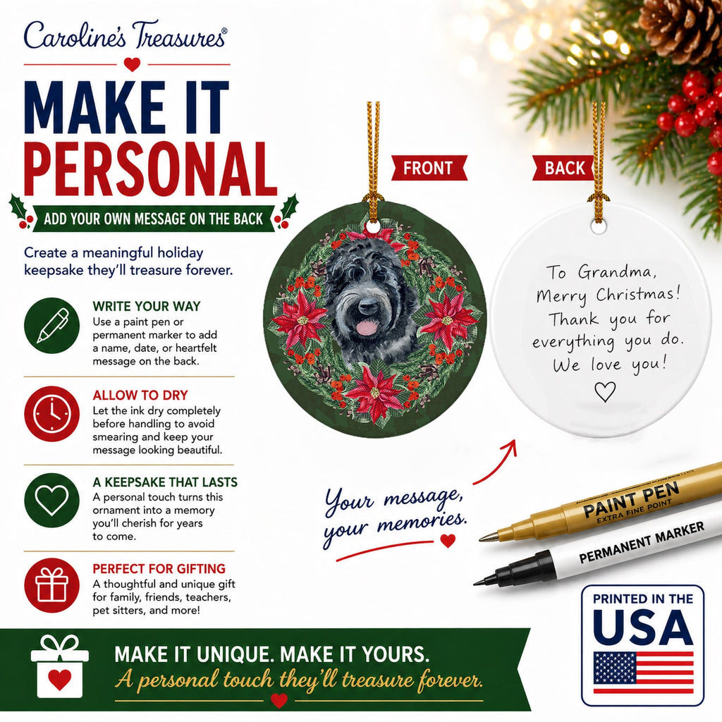 Black Russian Terrier Poinsetta Wreath Ceramic Ornament Christmas Tree Hanging Decorations for Home Christmas Holiday, Party, Gift, 3 in, Multicolor