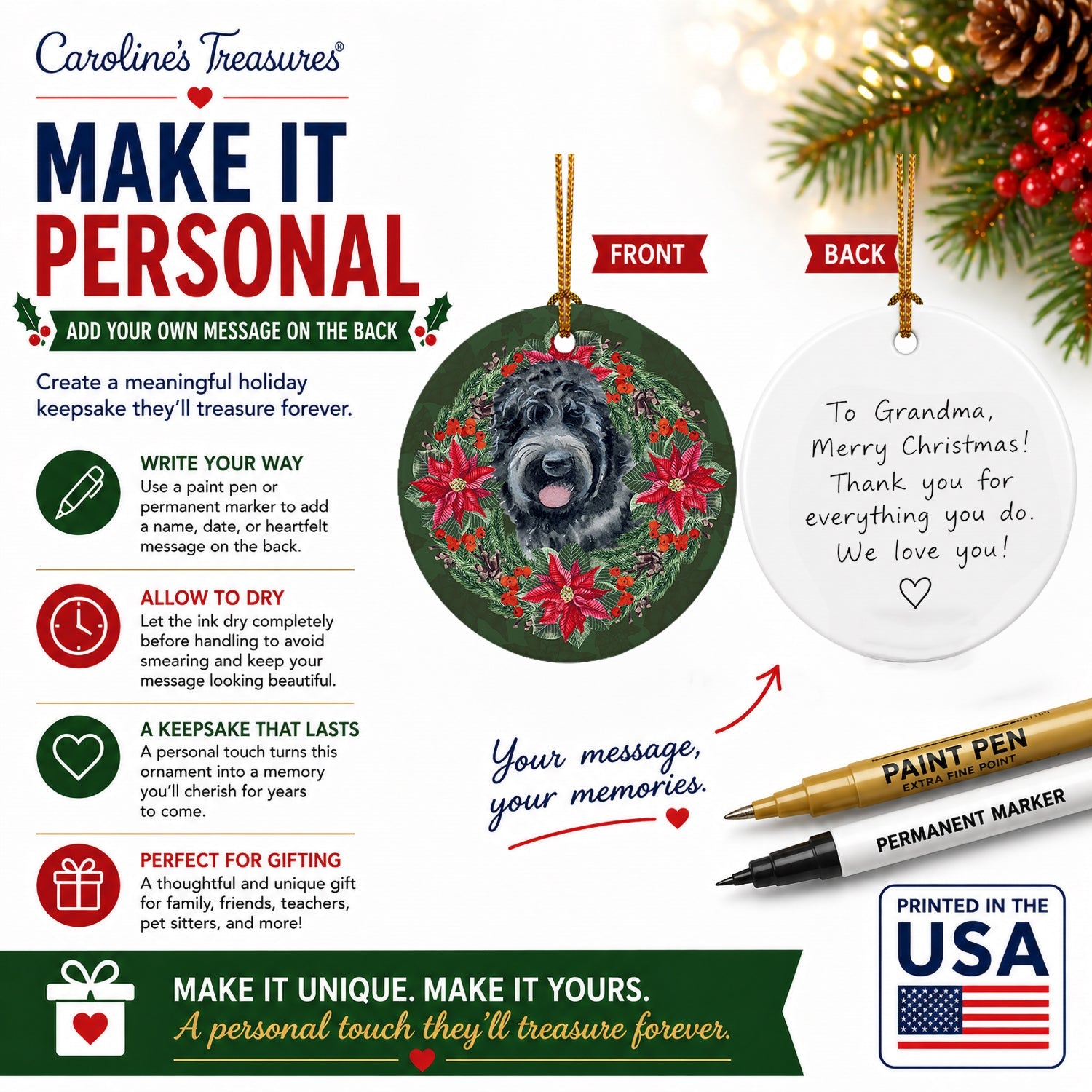Black Russian Terrier Poinsetta Wreath Ceramic Ornament Christmas Tree Hanging Decorations for Home Christmas Holiday, Party, Gift, 3 in, Multicolor