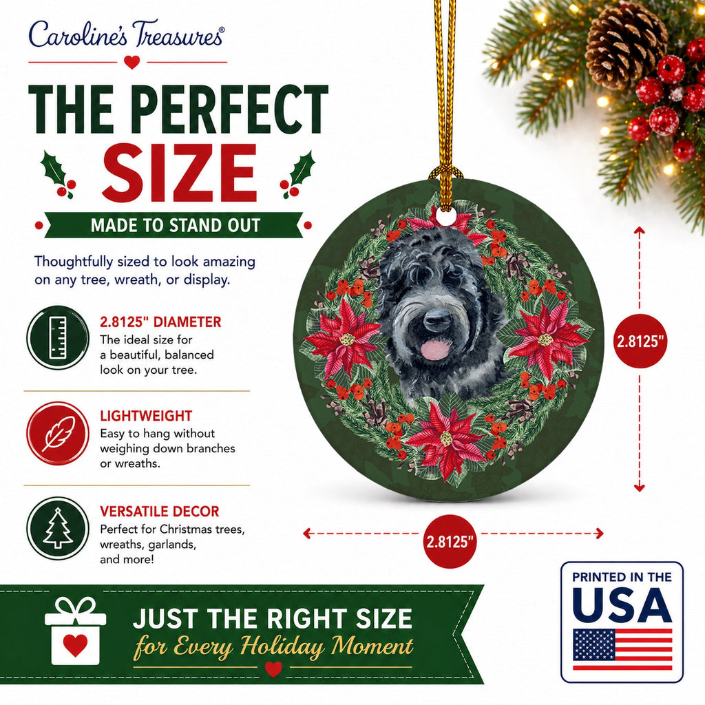 Black Russian Terrier Poinsetta Wreath Ceramic Ornament Christmas Tree Hanging Decorations for Home Christmas Holiday, Party, Gift, 3 in, Multicolor