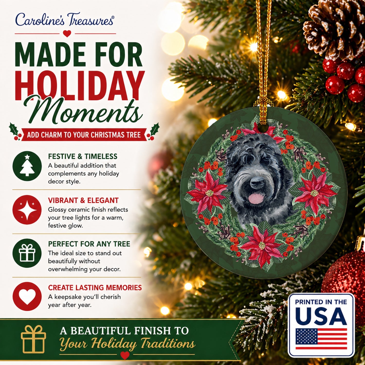 Black Russian Terrier Poinsetta Wreath Ceramic Ornament Christmas Tree Hanging Decorations for Home Christmas Holiday, Party, Gift, 3 in, Multicolor