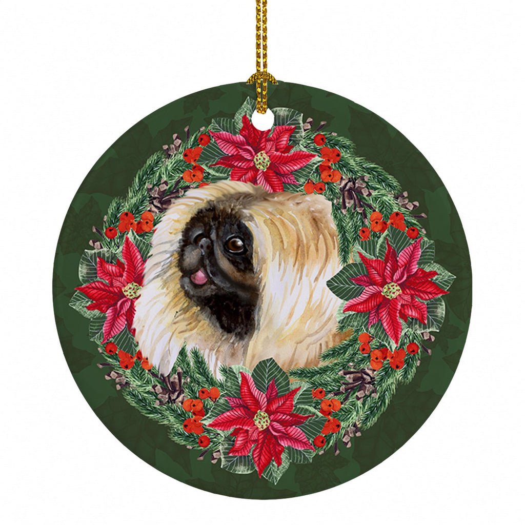 Pekingese Poinsetta Wreath Ceramic Ornament Christmas Tree Hanging Decorations for Home Christmas Holiday, Party, Gift, 3 in, Multicolor