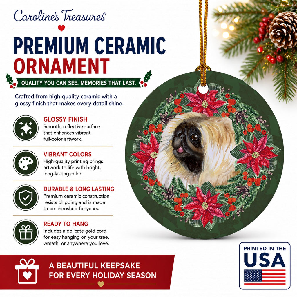 Pekingese Poinsetta Wreath Ceramic Ornament Christmas Tree Hanging Decorations for Home Christmas Holiday, Party, Gift, 3 in, Multicolor