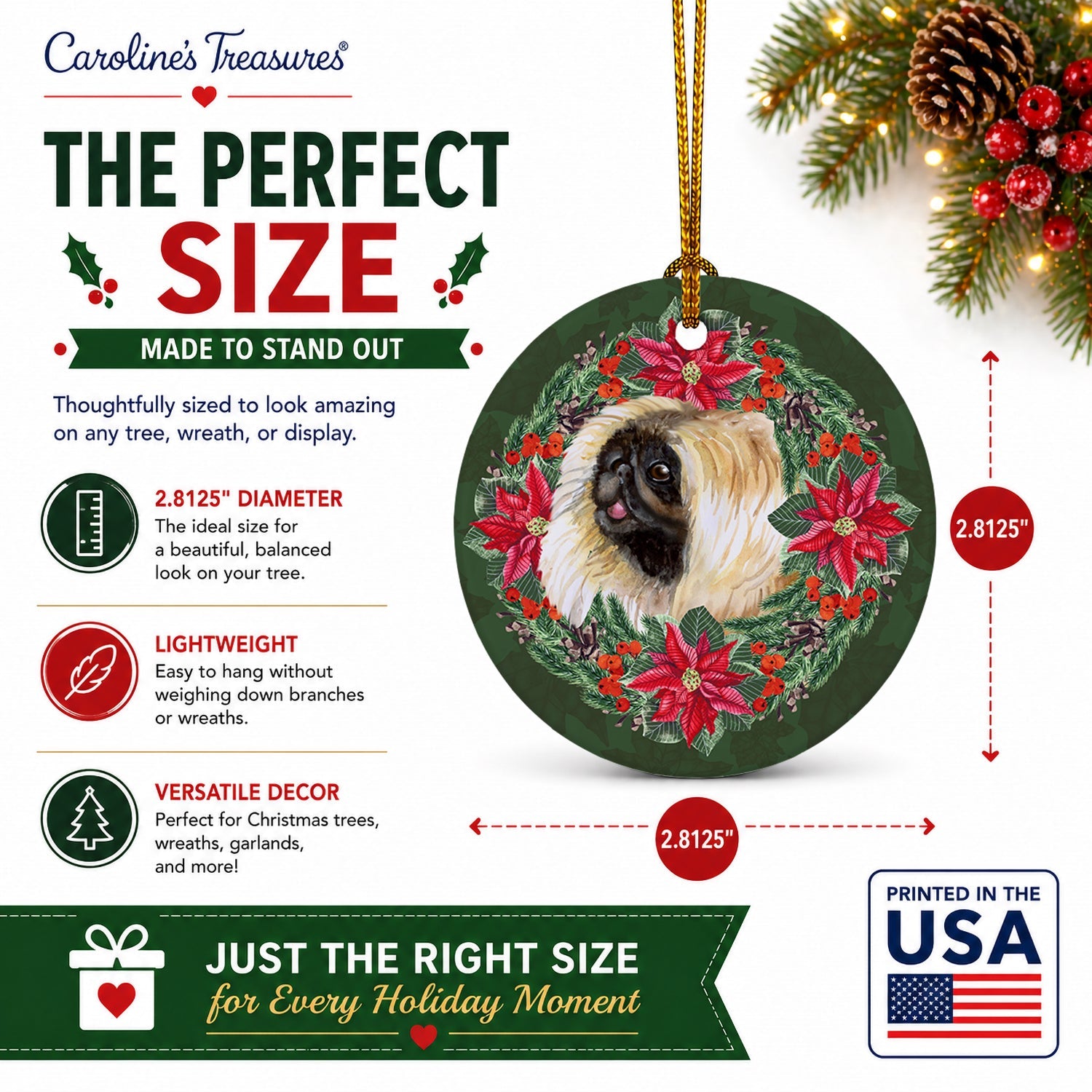 Pekingese Poinsetta Wreath Ceramic Ornament Christmas Tree Hanging Decorations for Home Christmas Holiday, Party, Gift, 3 in, Multicolor