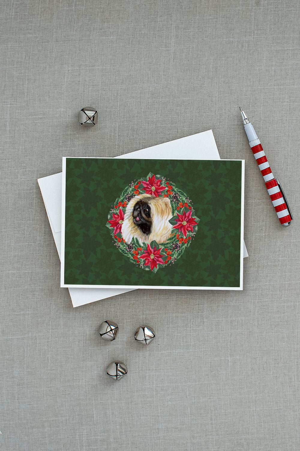 Pekingese Poinsetta Wreath Greeting Cards Pack of 8 Blank Cards with Envelopes Whimsical A7 Size 5x7