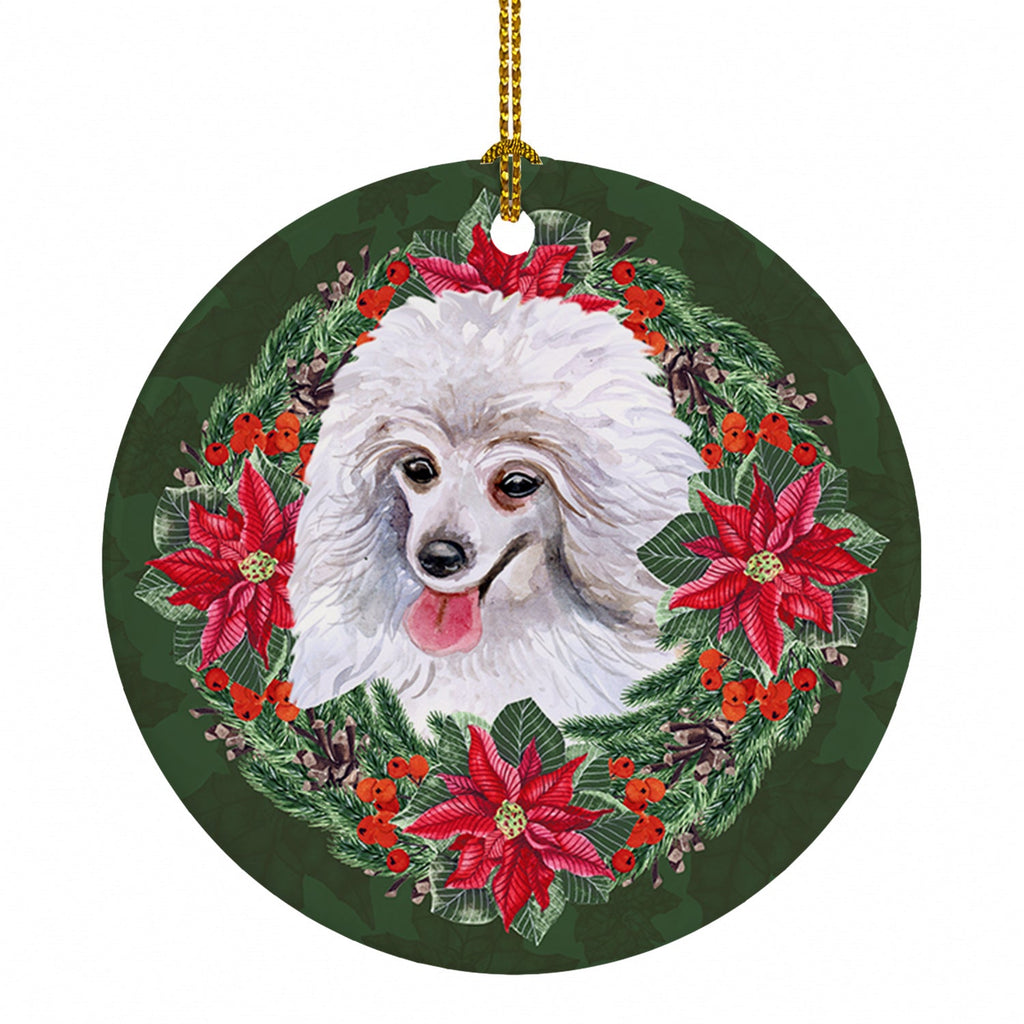 Medium White Poodle Poinsetta Wreath Ceramic Ornament Christmas Tree Hanging Decorations for Home Christmas Holiday, Party, Gift, 3 in, Multicolor